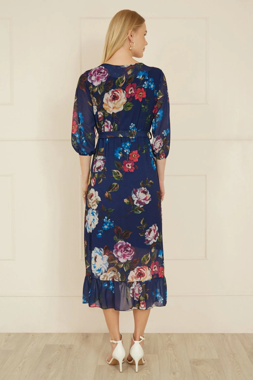 Yumi Navy Watercolour Dip Hem Midi Wrap Dress - Image 4