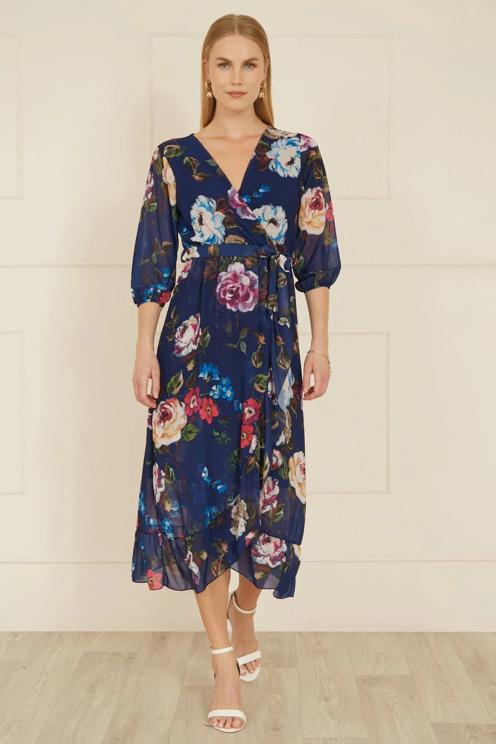 Yumi Navy Watercolour Dip Hem Midi Wrap Dress - Image 5