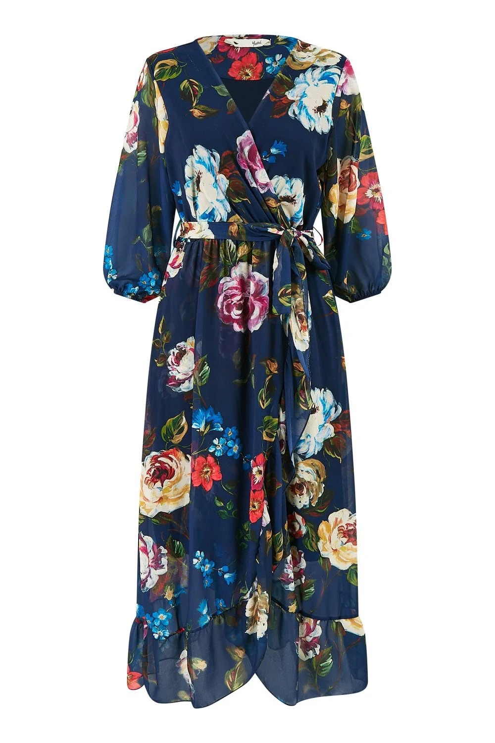 Yumi Navy Watercolour Dip Hem Midi Wrap Dress - Image 6