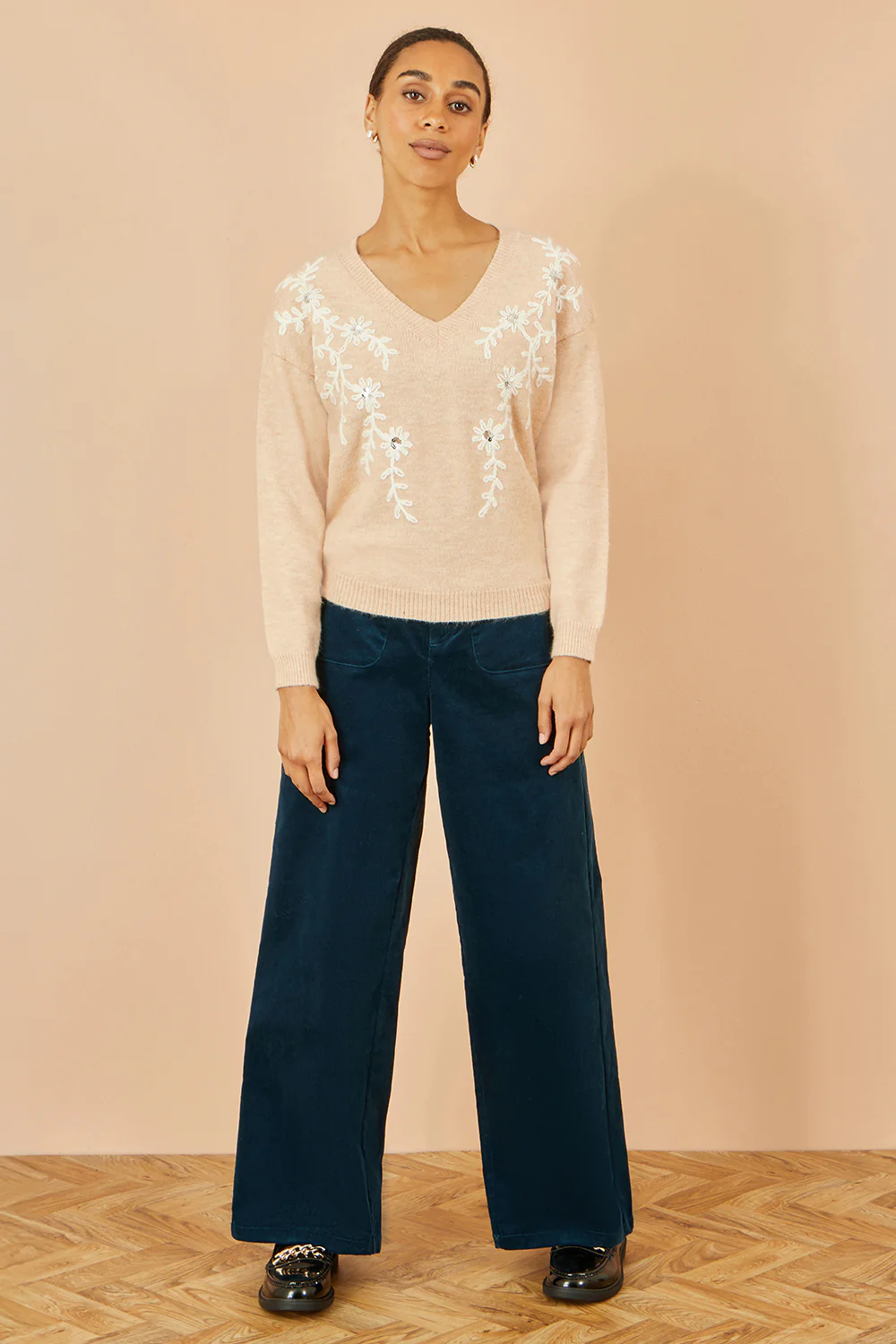 Yumi Oatmeal Floral Embroidered V Neck Relaxed Knitted Jumper - Image 2