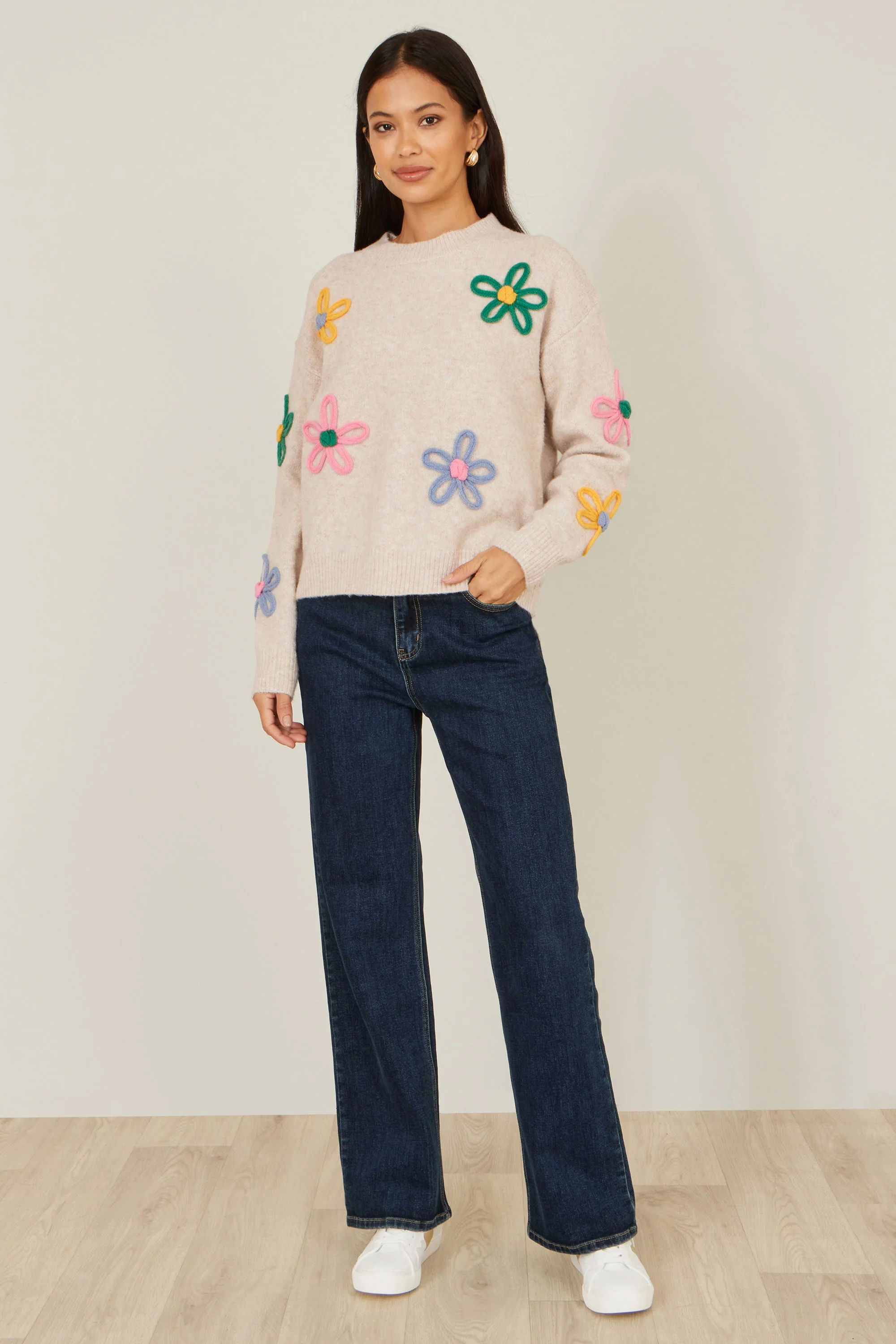 Yumi Oatmeal Relaxed Flower Embroidered Jumper - Image 5