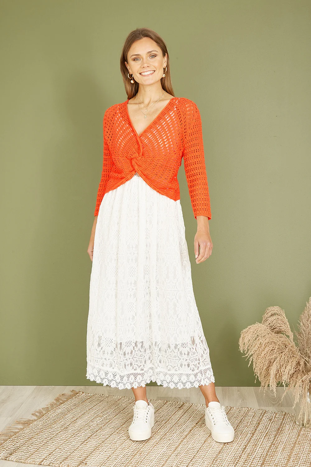 Yumi Orange Cotton Crochet Twisted Bolero Top - Image 3
