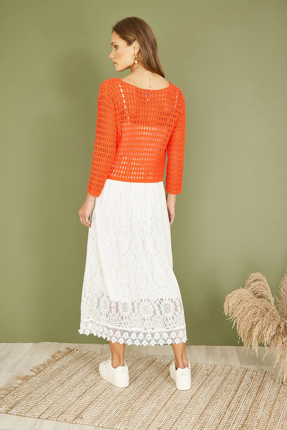 Yumi Orange Cotton Crochet Twisted Bolero Top - Image 4