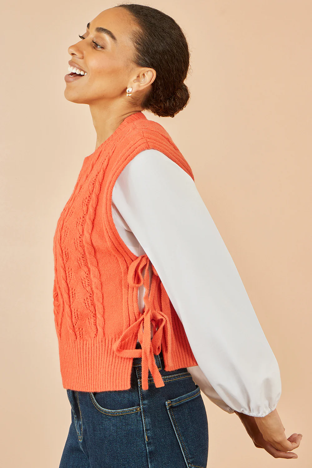 Yumi Orange Flower Cable Knit Tie Side Pullover - Image 5