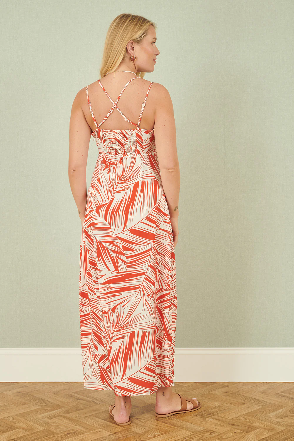 Yumi Orange Leaf Print Maxi Dress With Cross Back - Image 3