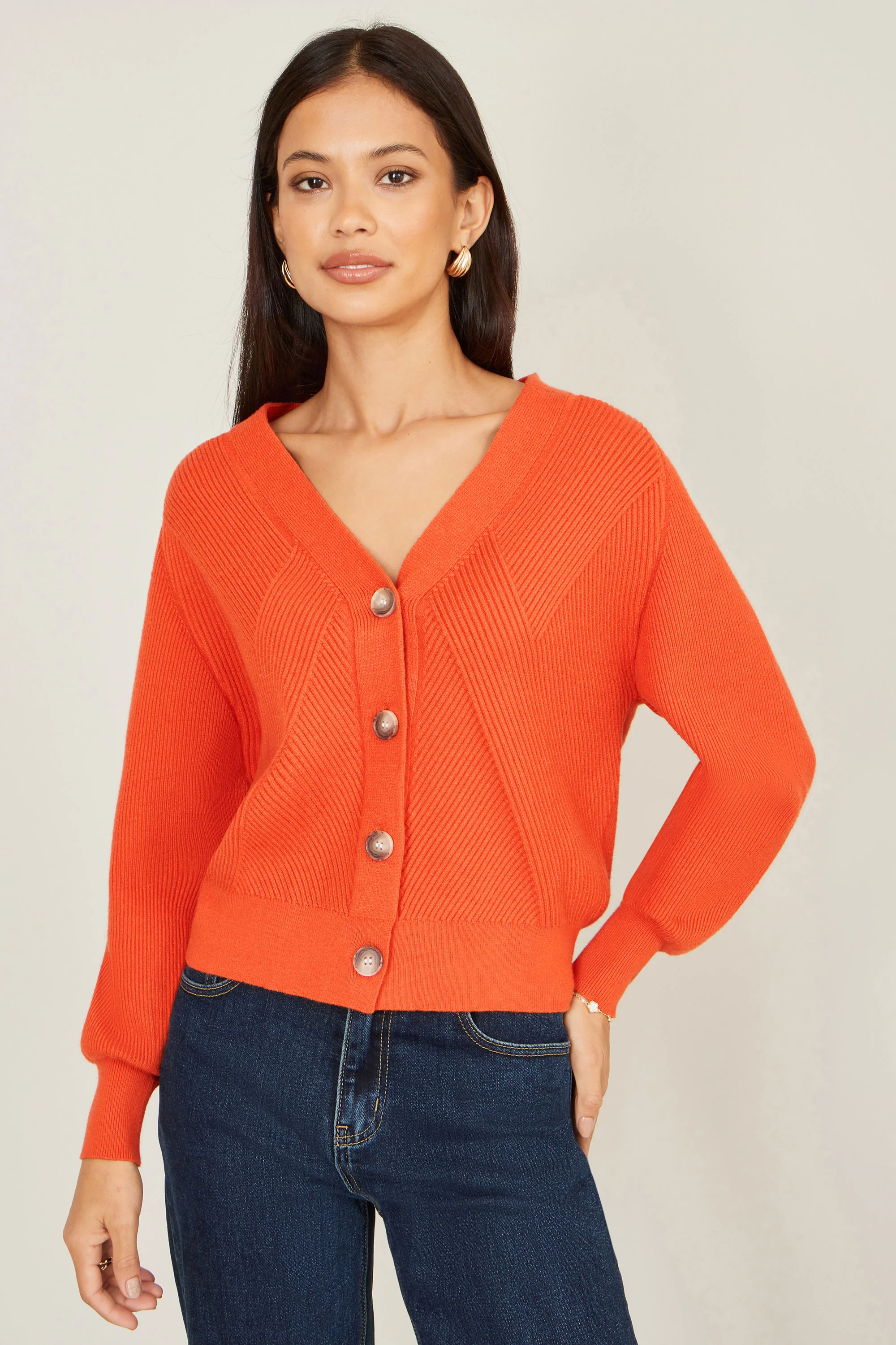 Yumi Orange Relaxed Fit Cardigan With Stitch Detail - Image 3