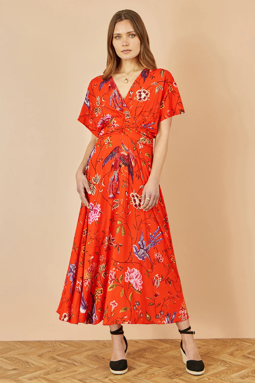 Yumi Orange Viscose Bird and Floral Print Kimono Midi Dress - Image 3