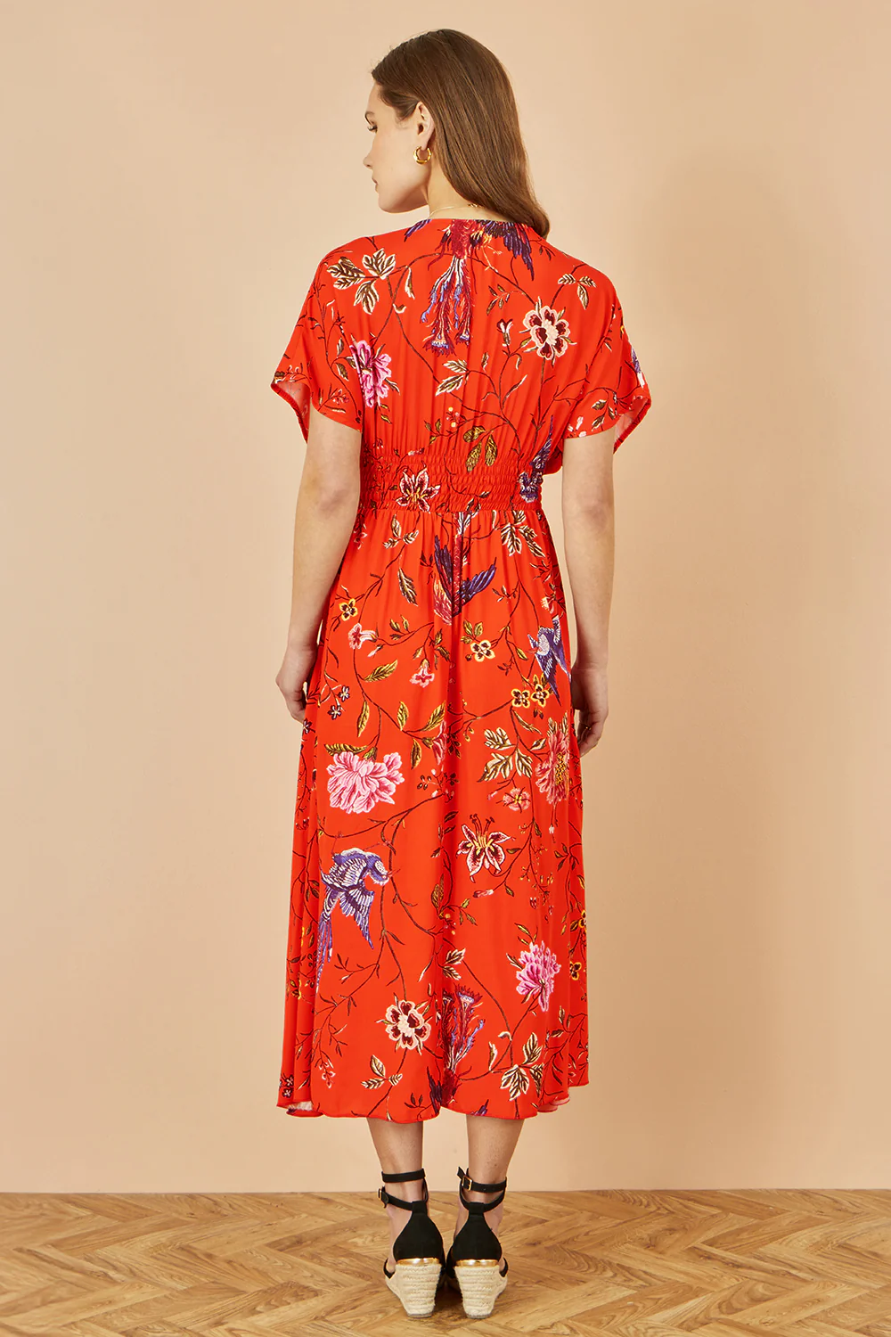 Yumi Orange Viscose Bird and Floral Print Kimono Midi Dress - Image 4