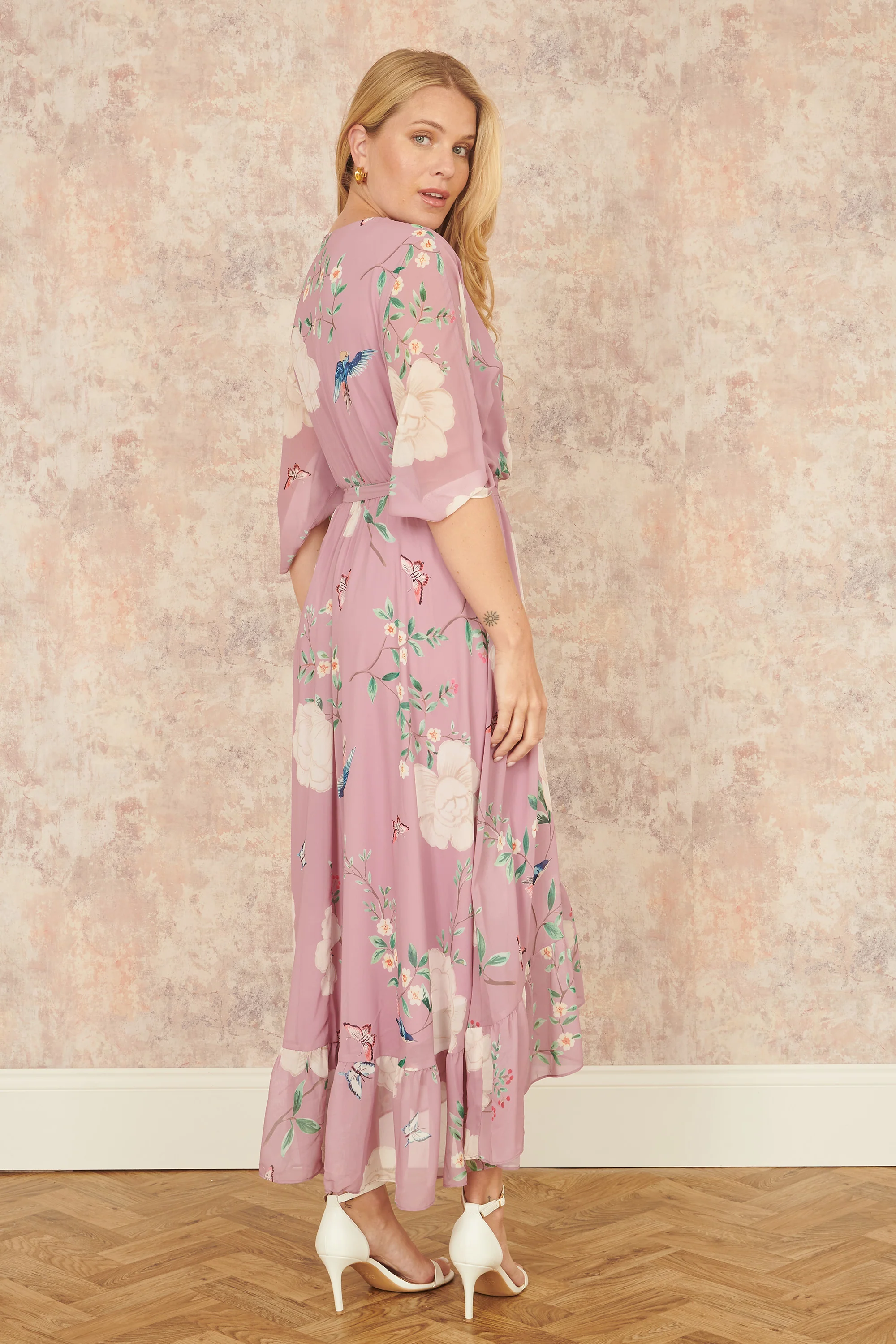 Yumi Pink Bird and Floral Print Midi Wrap Dress - Image 3