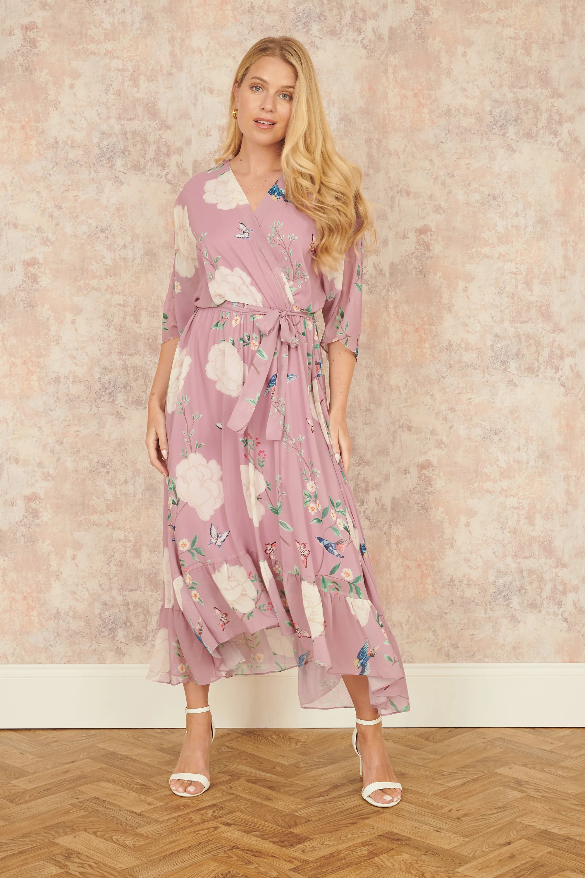 Yumi Pink Bird and Floral Print Midi Wrap Dress - Image 4