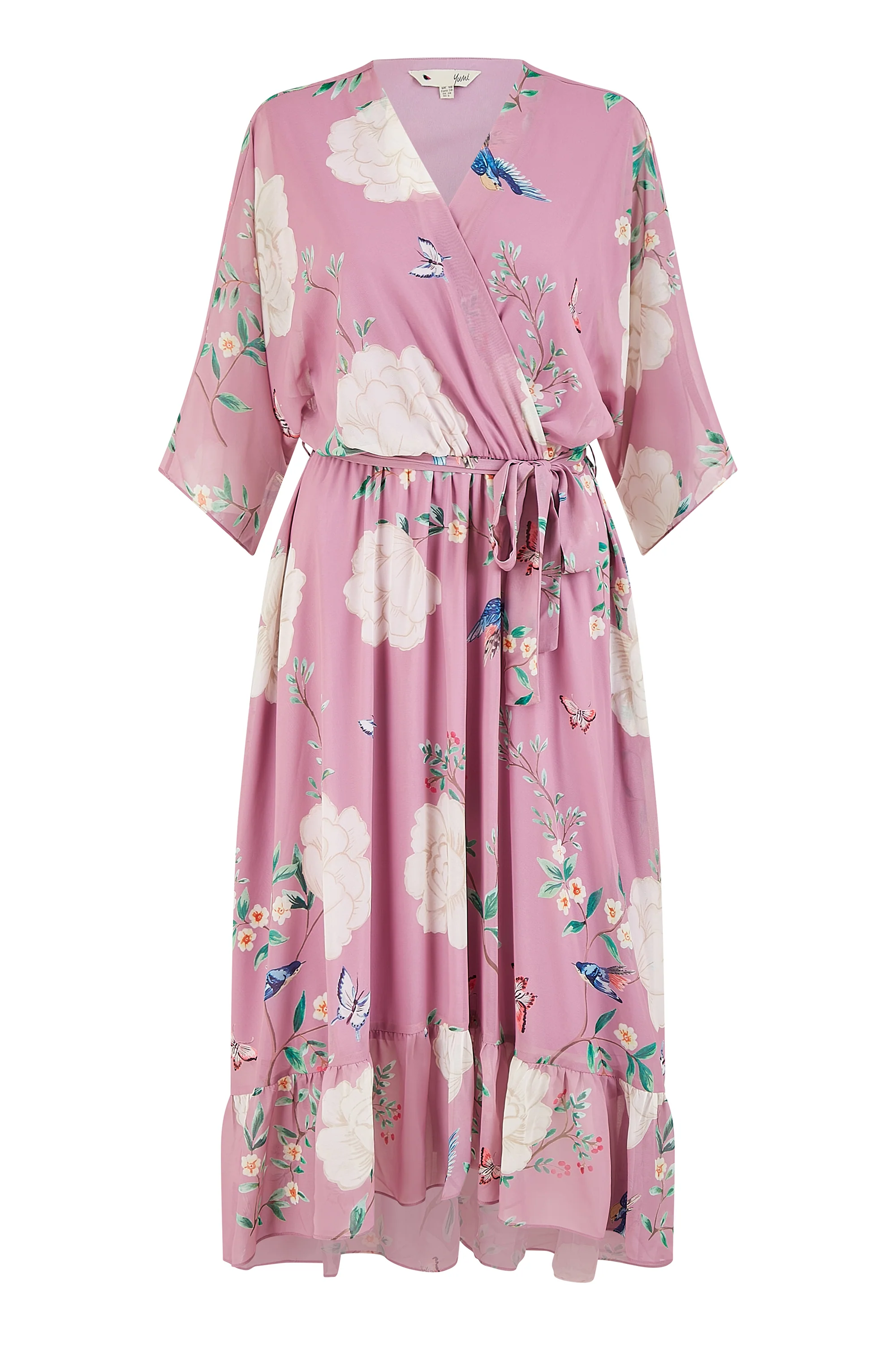 Yumi Pink Bird and Floral Print Midi Wrap Dress - Image 6