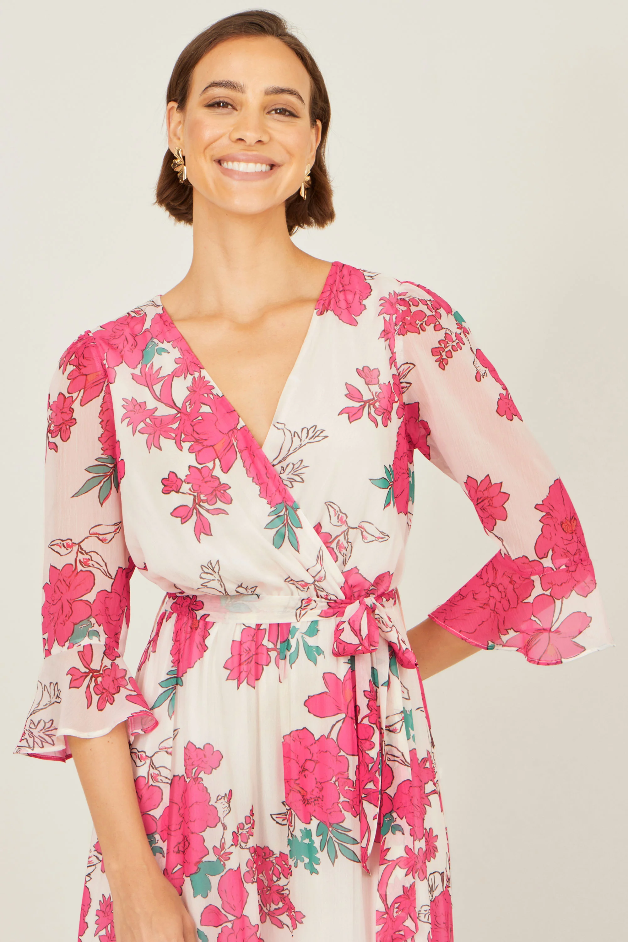 Yumi Pink Blossom Print Maxi Wrap Dress - Image 2