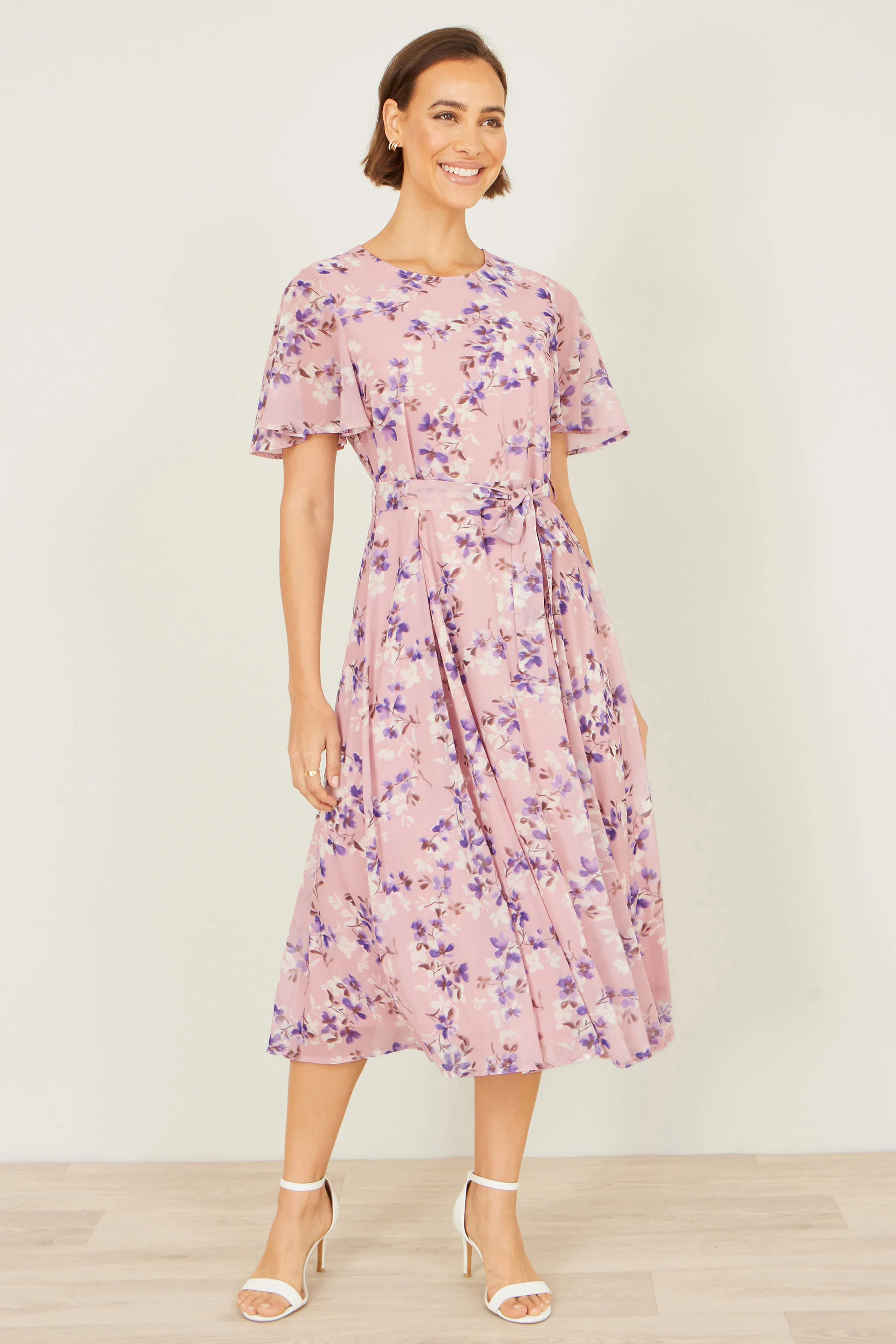 Yumi Pink Blossom Skater Midi Dress With Angel Sleeves - Image 2