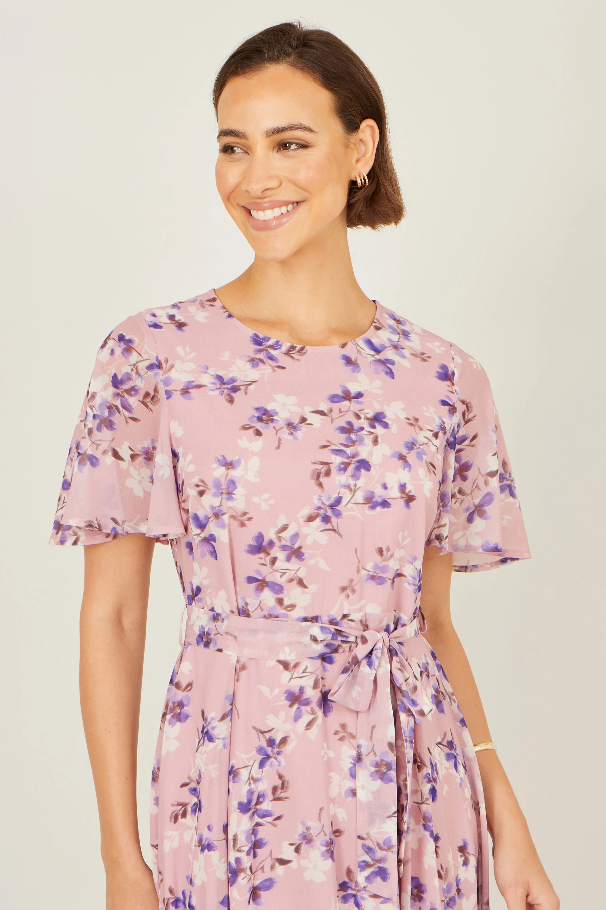 Yumi Pink Blossom Skater Midi Dress With Angel Sleeves - Image 3