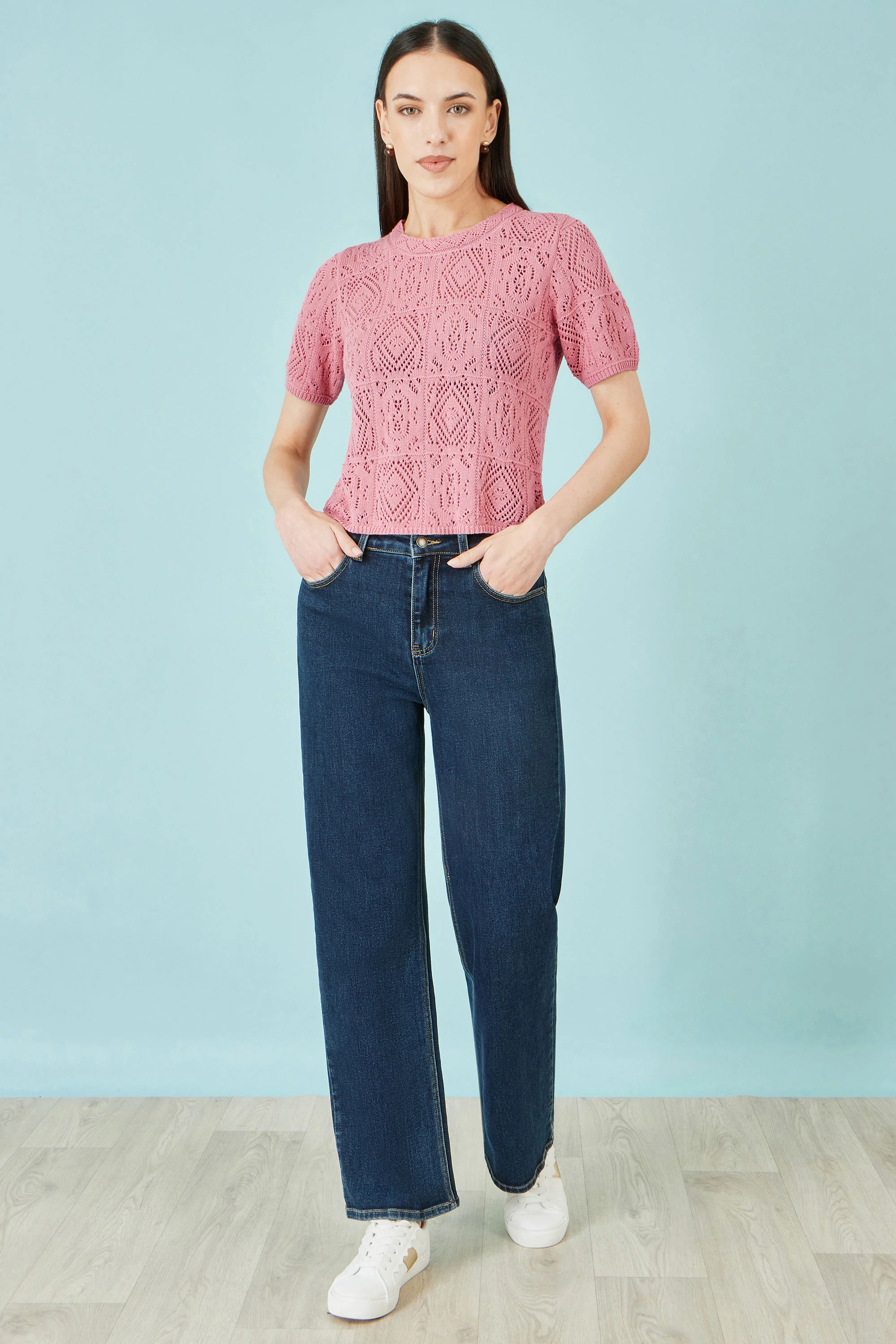 Yumi Pink Cotton Crochet Knitted Top - Image 4
