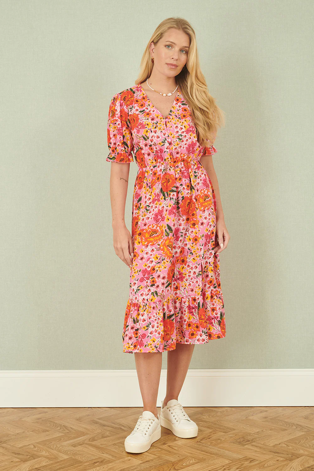 Yumi Pink Floral Midi Dress With Frill Hem and Puff Sleeves - Image 4