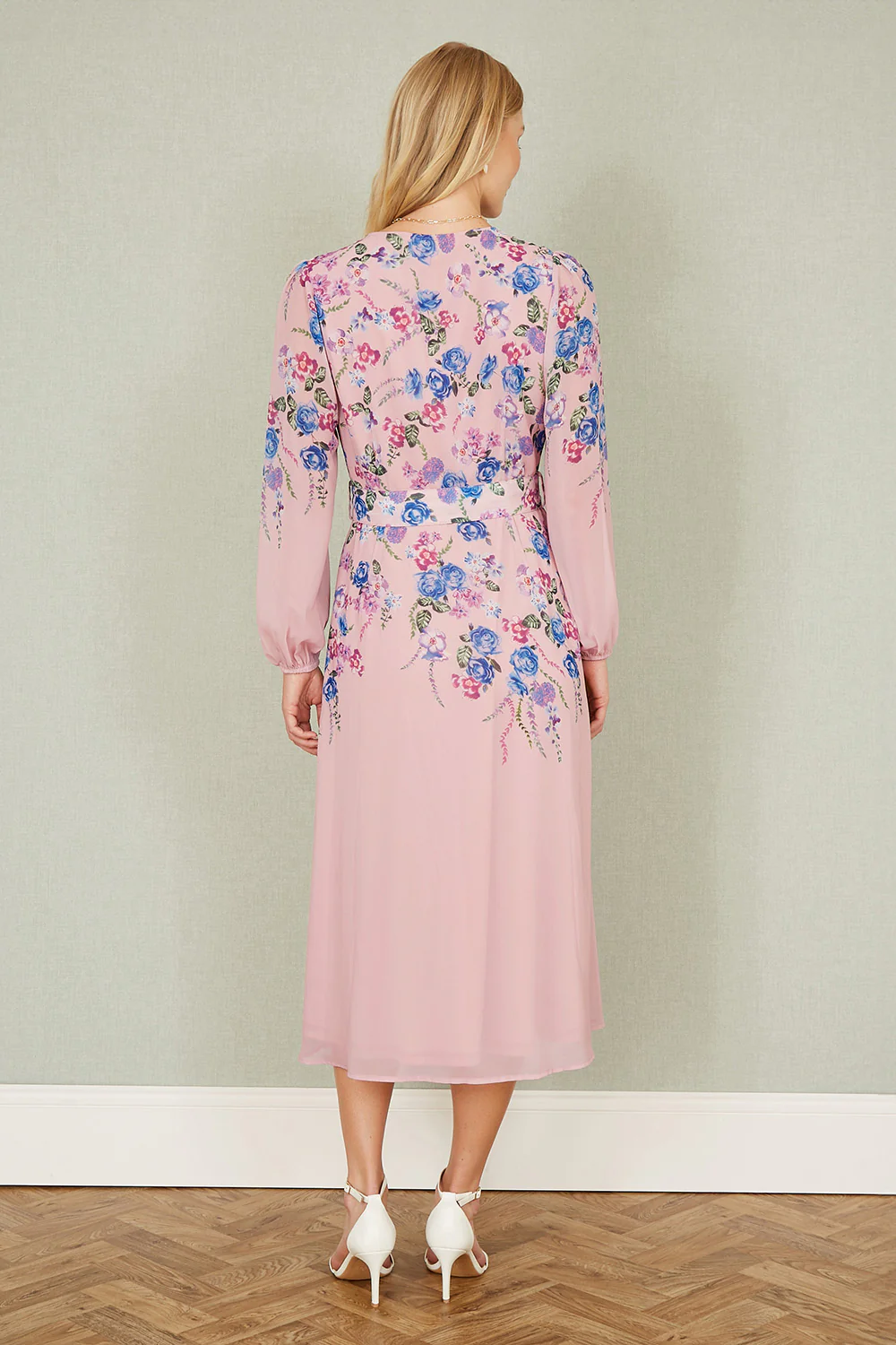 Yumi Pink Floral Placement Button Down Midi Dress With Long Sleeves - Image 3