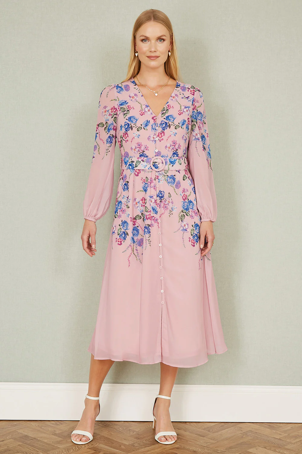 Yumi Pink Floral Placement Button Down Midi Dress With Long Sleeves - Image 4