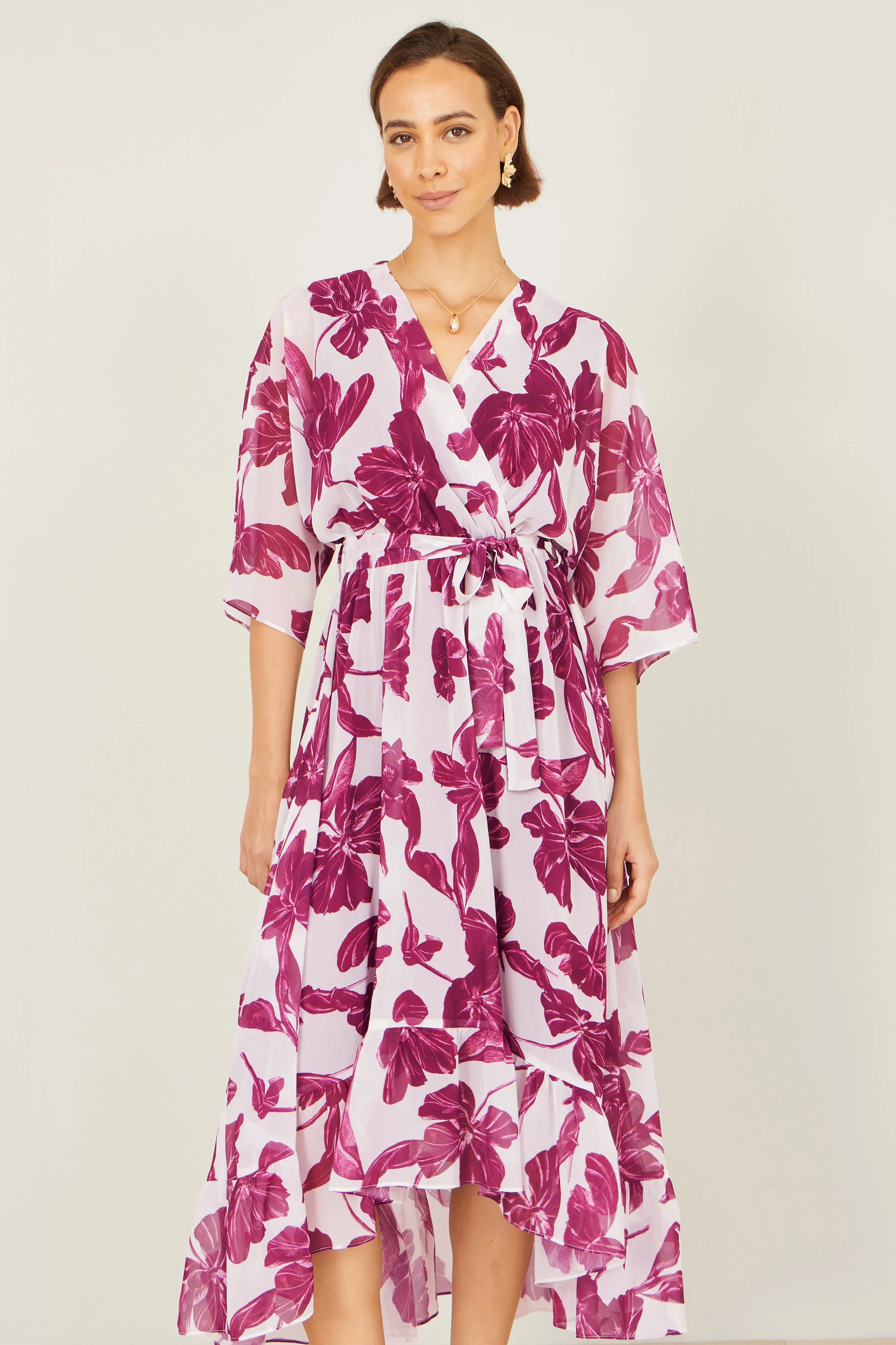 Yumi Pink Kimono Sleeves Midi Dip Hem Wrap Midi Dress - Image 2