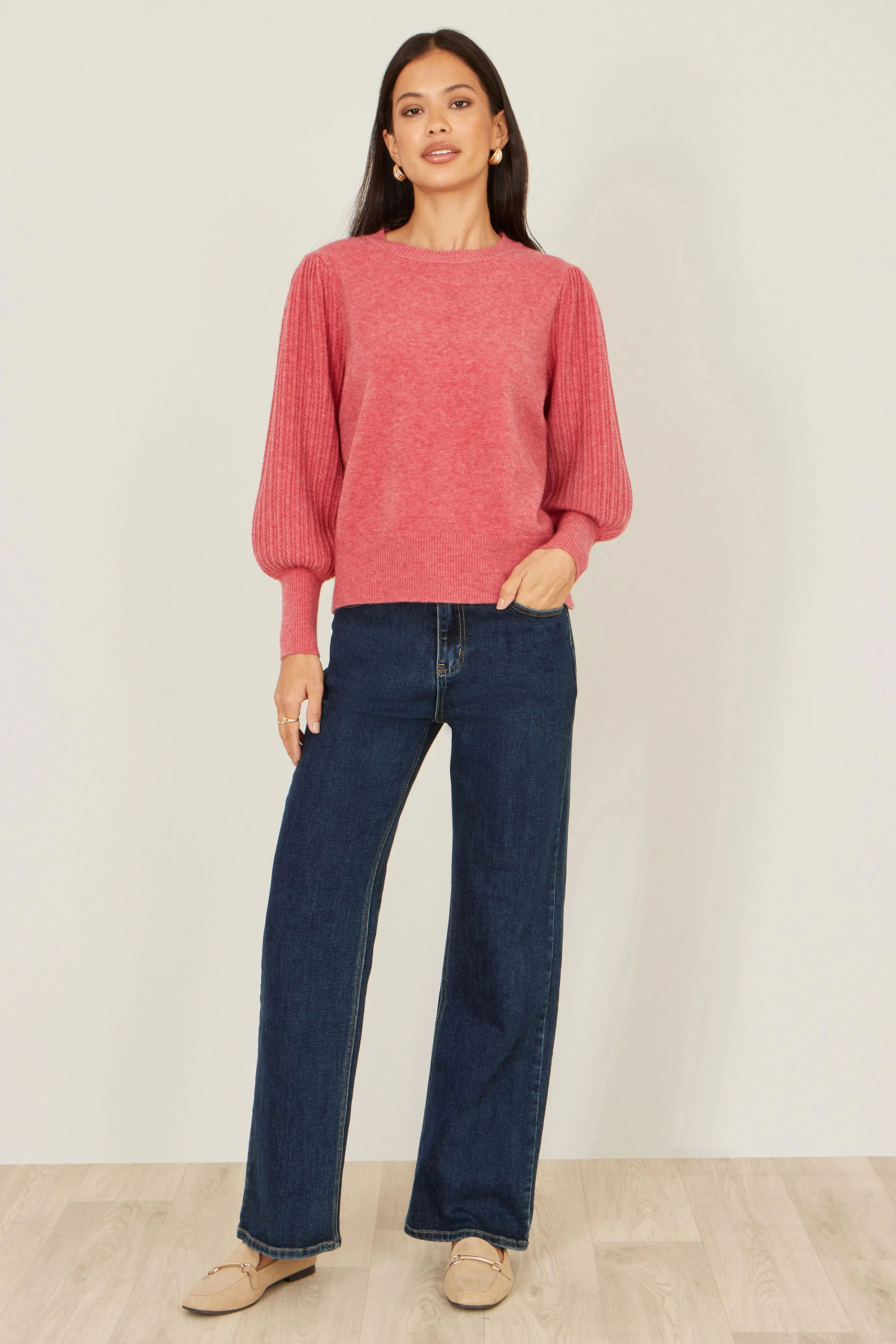 Yumi Pink Knitted Balloon Sleeve Jumper - Image 3