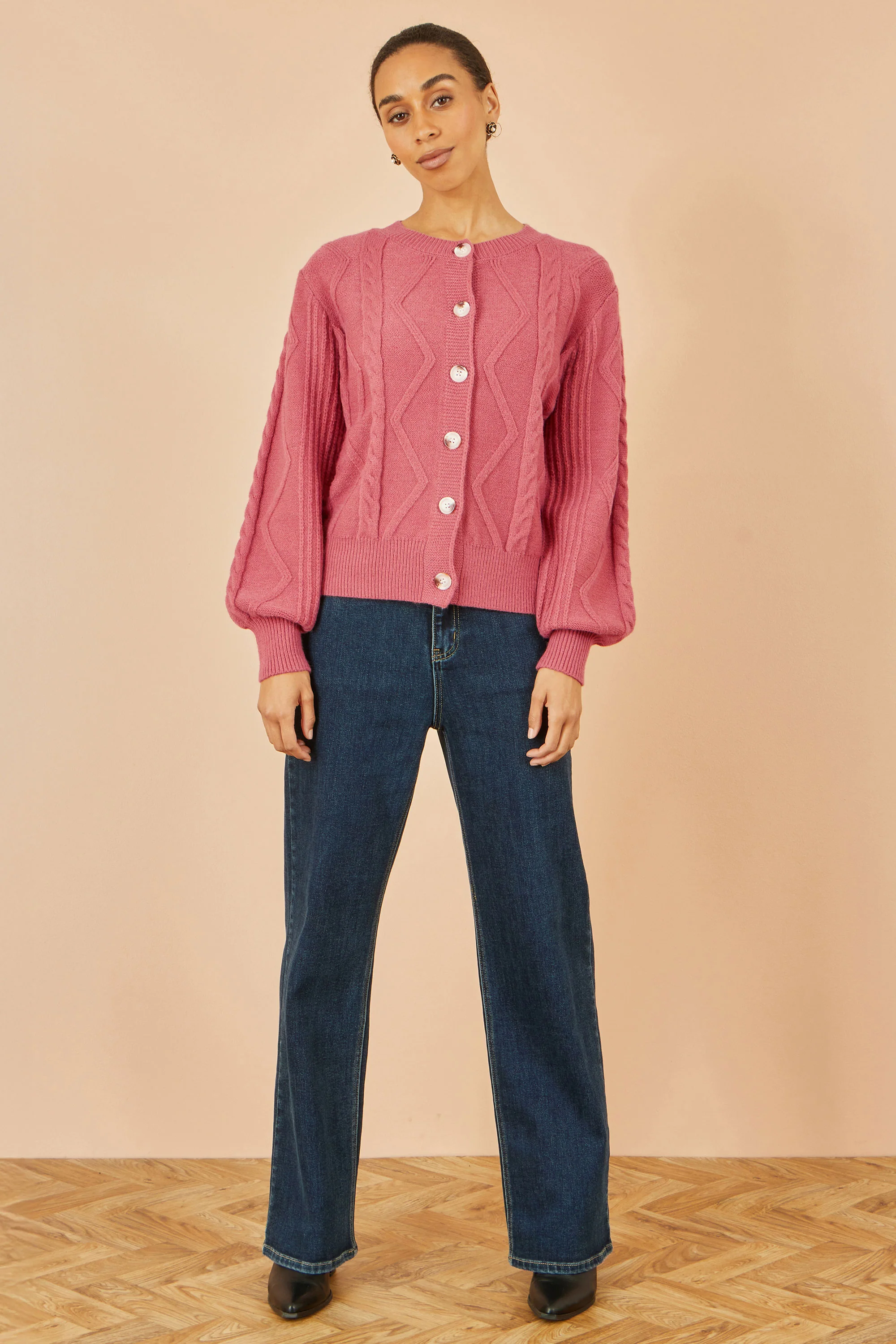 Yumi Pink Relaxed Fit Cable Cardigan - Image 2