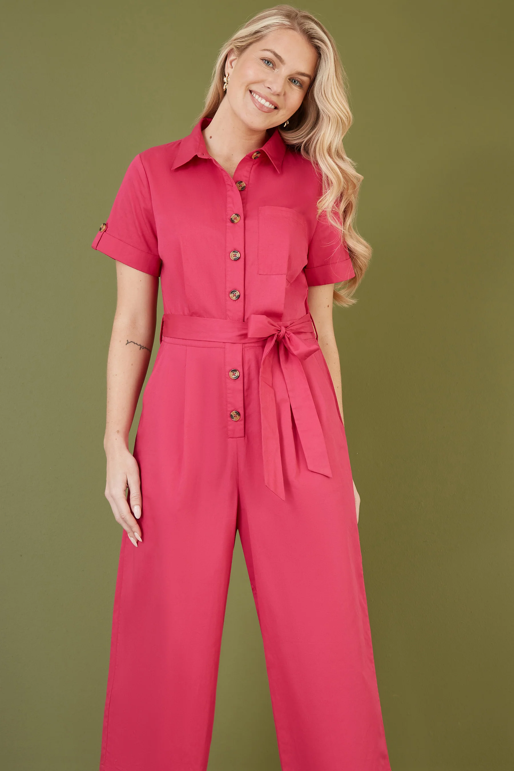 Yumi Pink Viscose Twill Button Up Utility Style Jumpsuit - Image 4