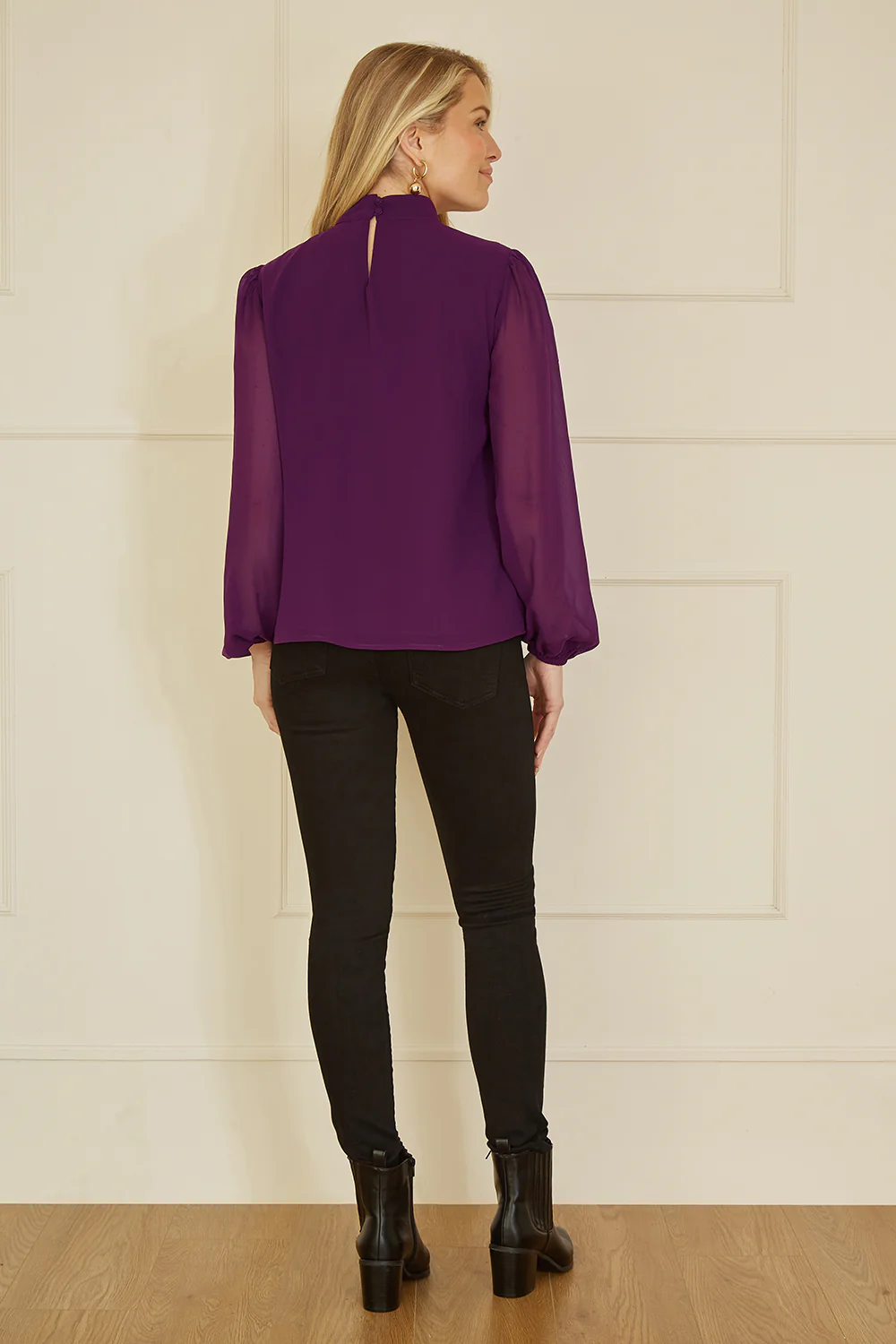 Yumi Plum Pleated Long Sleeve Top With High Neck - Image 3