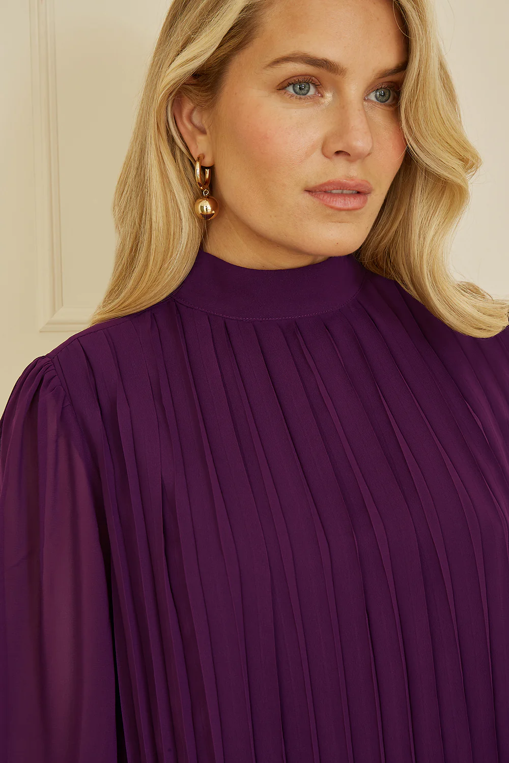 Yumi Plum Pleated Long Sleeve Top With High Neck - Image 4