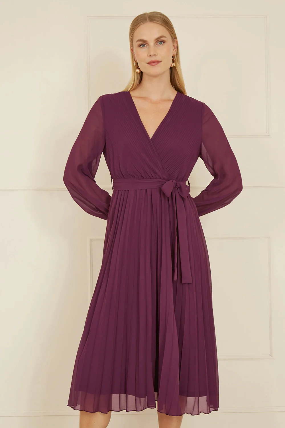 Yumi Plum Pleated Wrap Midi Dress With Sheer Long Sleeves - Image 3