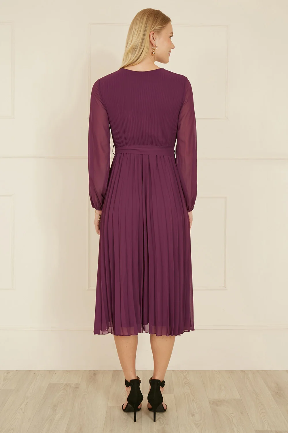 Yumi Plum Pleated Wrap Midi Dress With Sheer Long Sleeves - Image 5