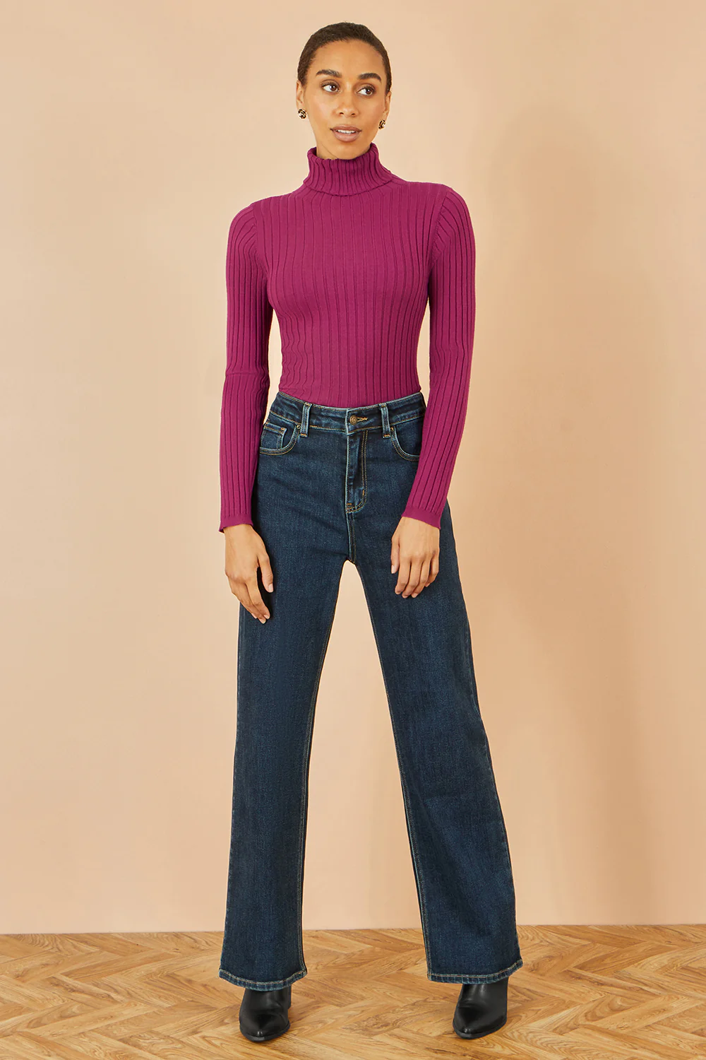 Yumi Plum Ribbed Knit Roll Neck Jumper - Image 2