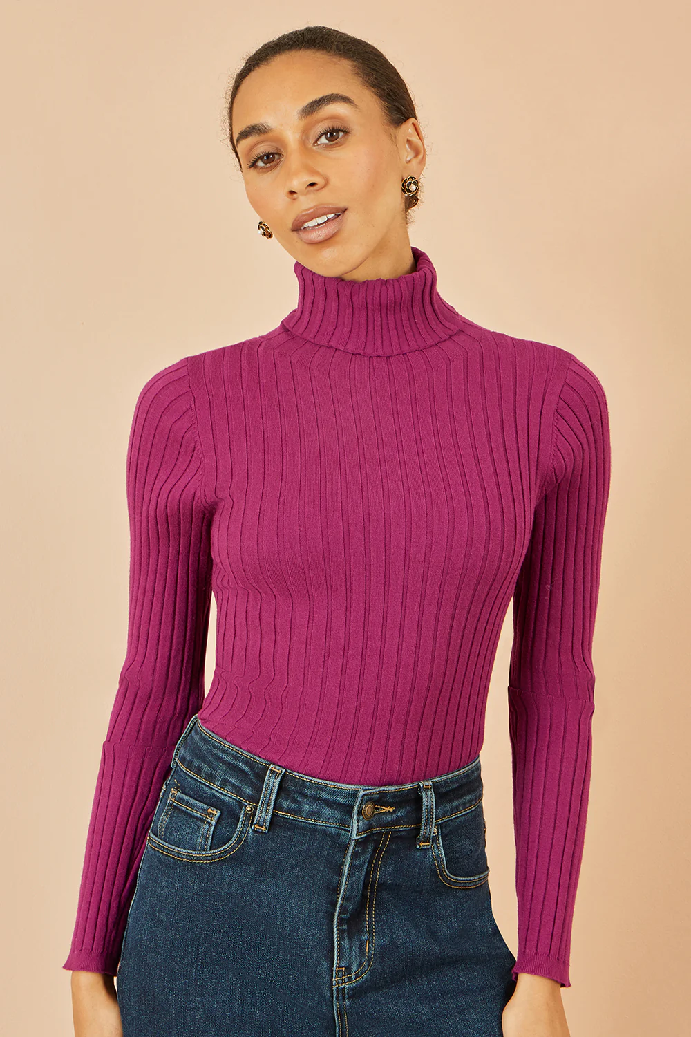 Yumi Plum Ribbed Knit Roll Neck Jumper - Image 3