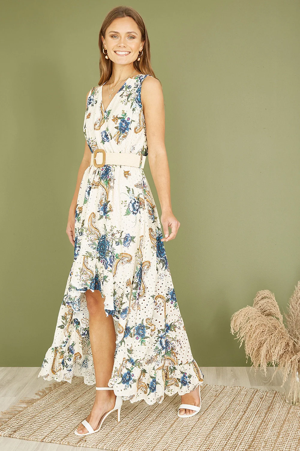 Yumi Premium Ivory Floral Print Broderie Anglaise Cotton Dip Hem Midaxi Dress - Image 3