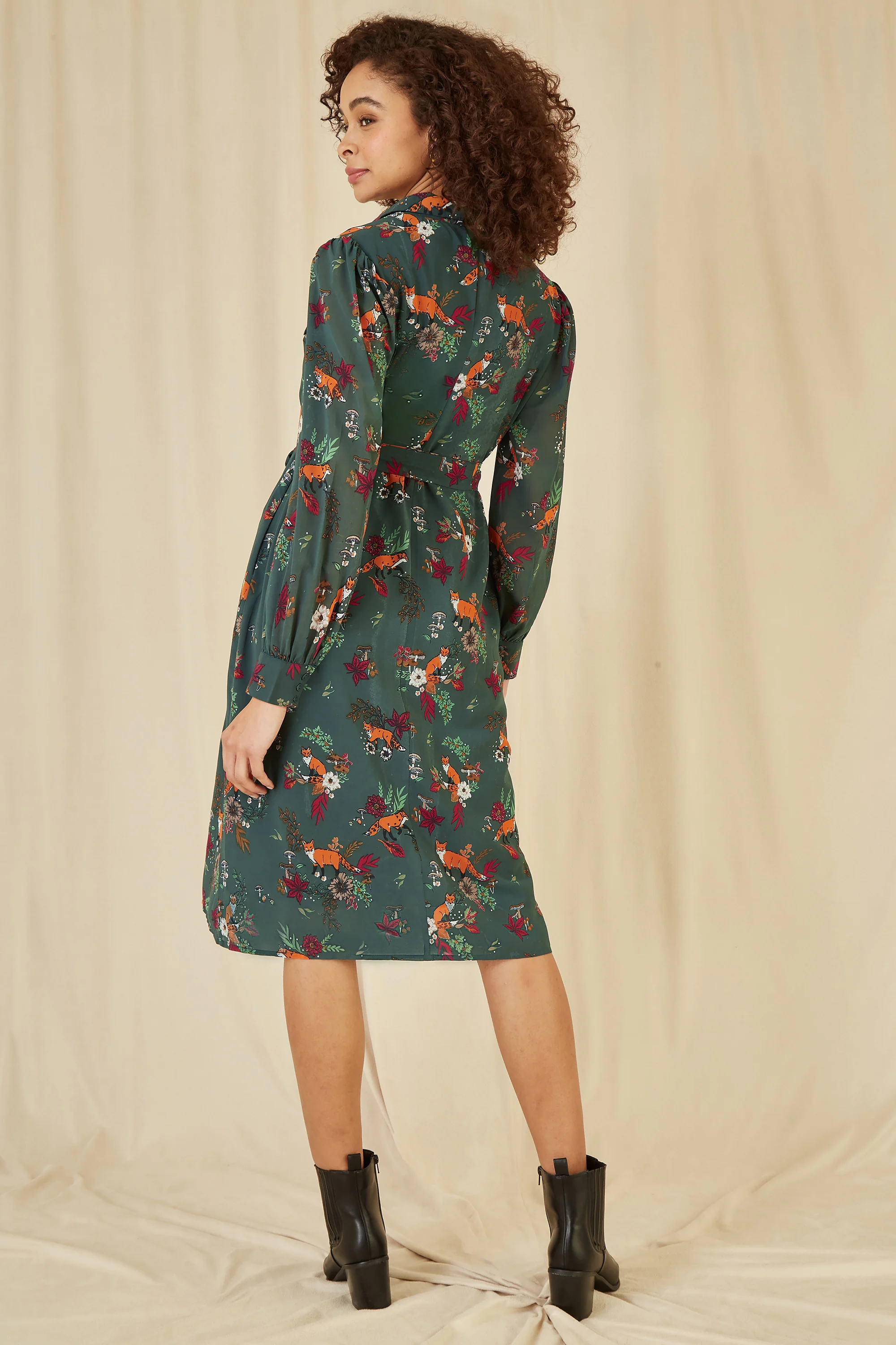 Yumi Recycled Green Fox Print Shirt Midi Dress - Image 3
