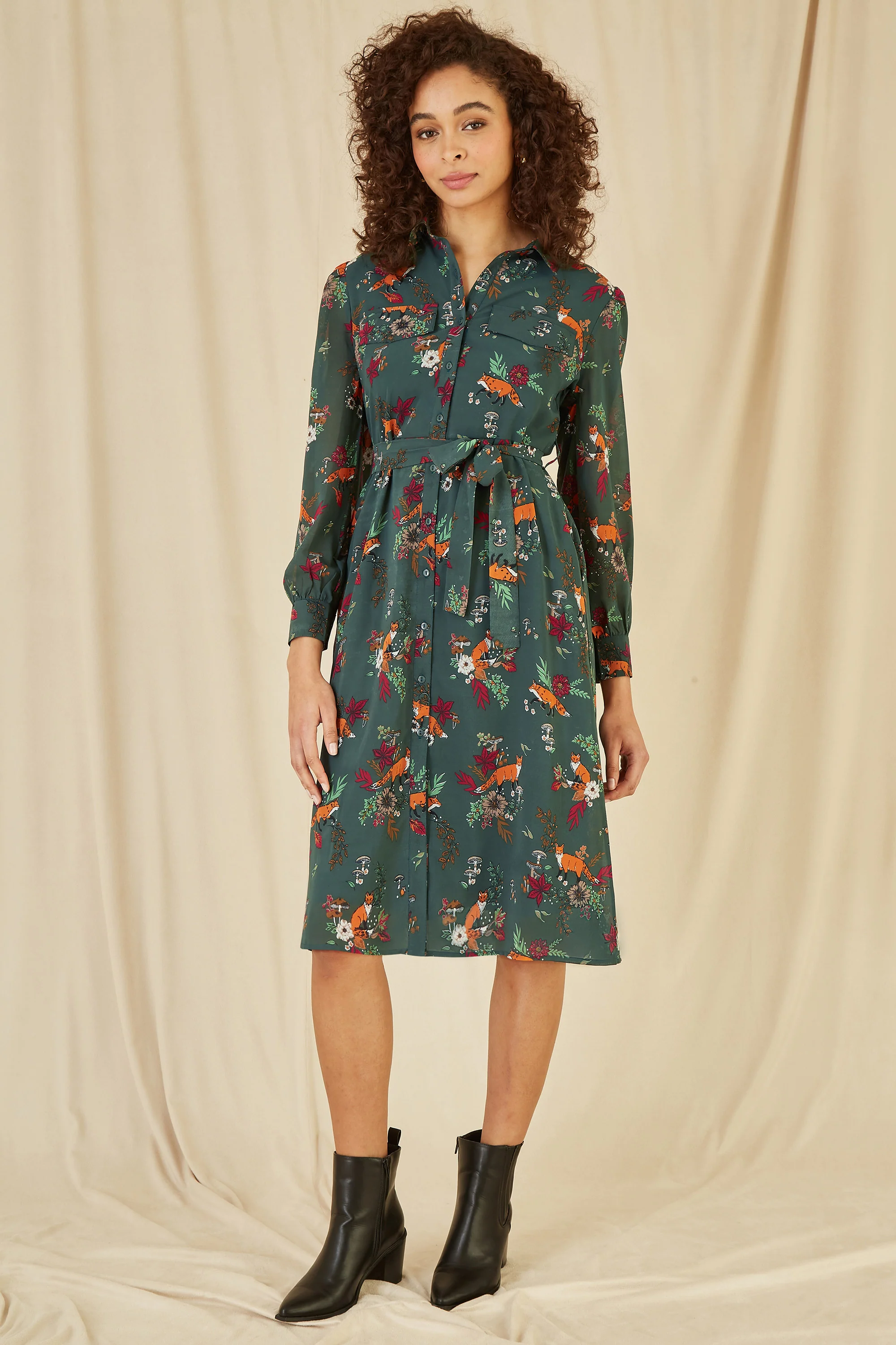 Yumi Recycled Green Fox Print Shirt Midi Dress - Image 5
