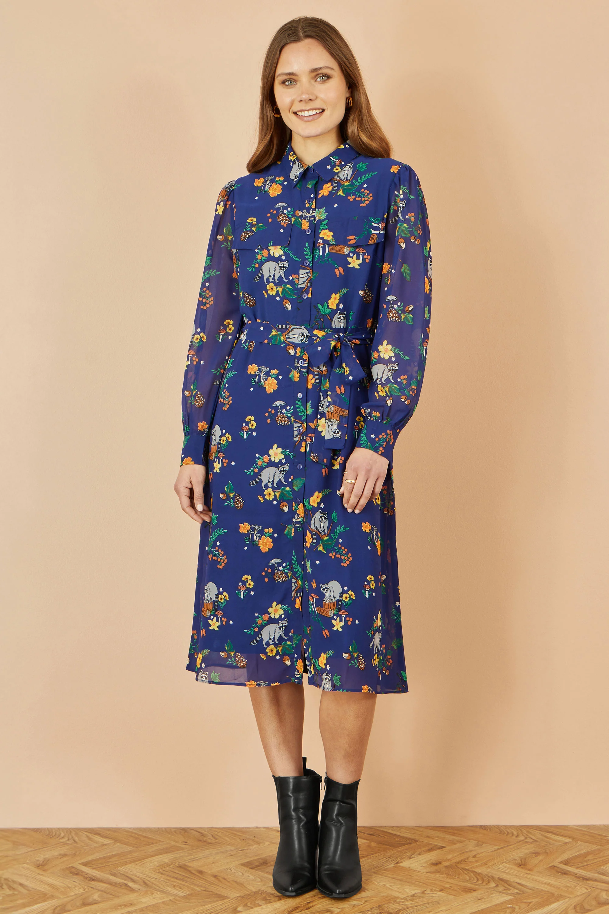 Yumi Recycled Navy Raccoon Print Shirt Midi Dress - Image 4