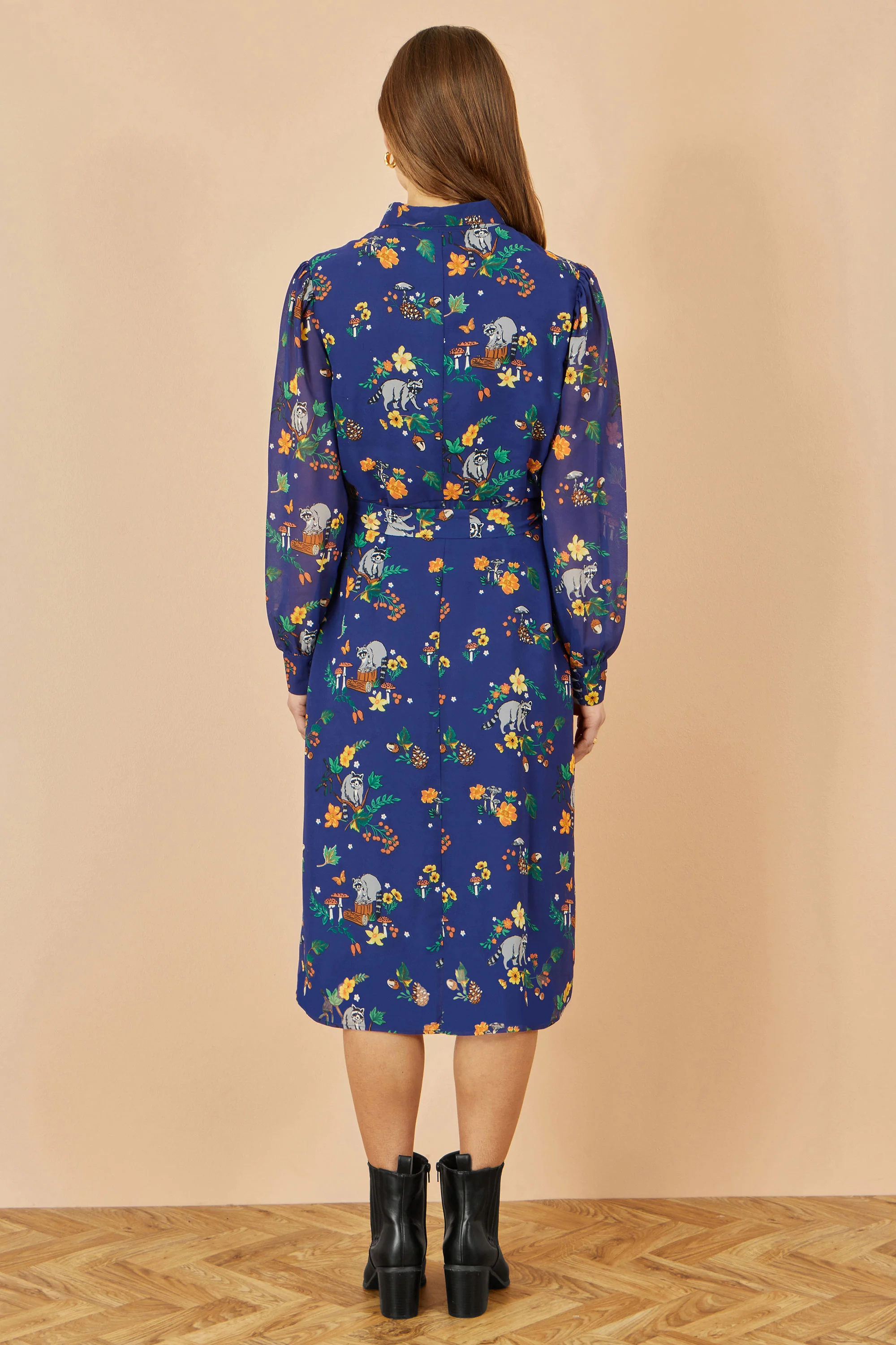 Yumi Recycled Navy Raccoon Print Shirt Midi Dress - Image 5