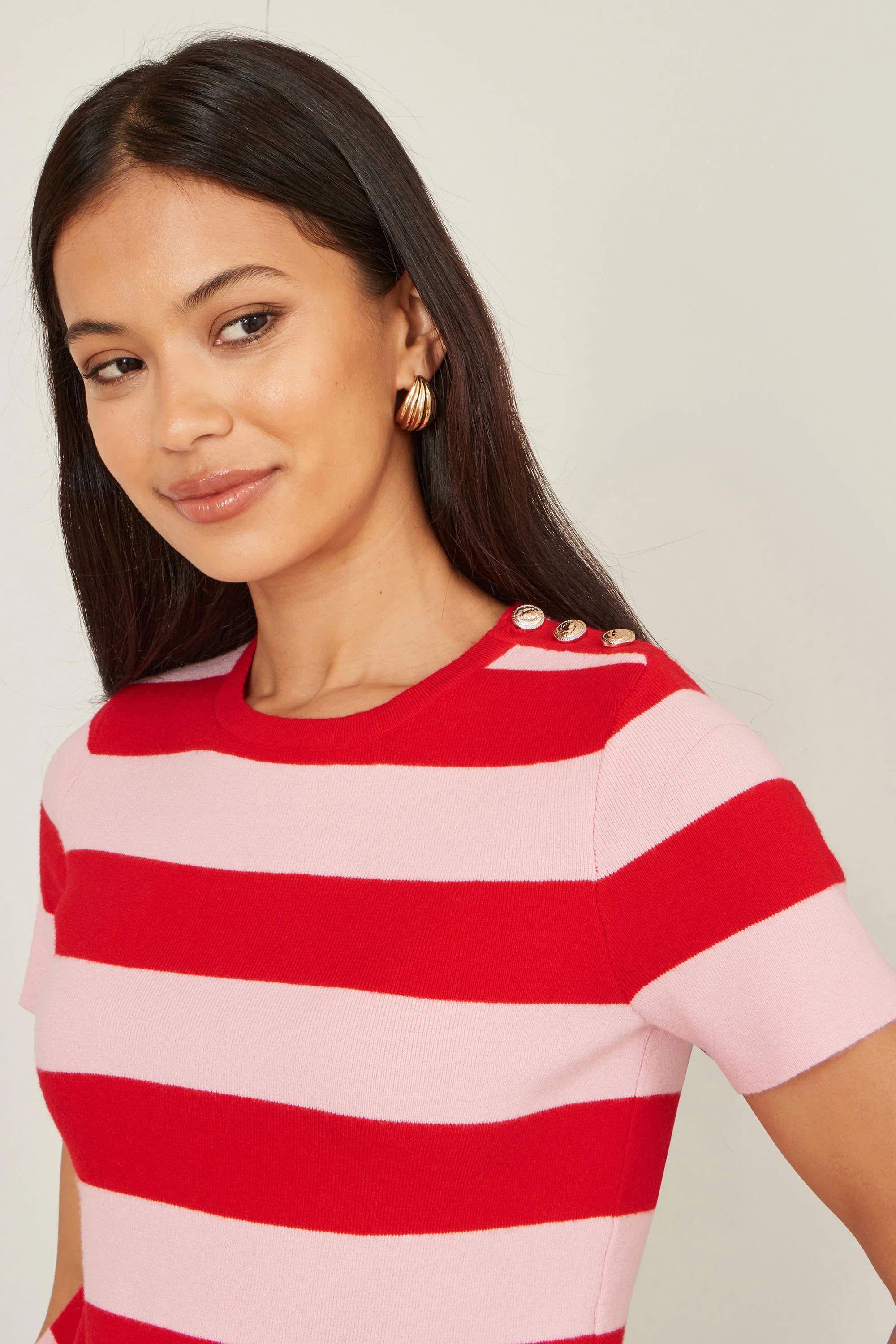 Yumi Red Block Stripe Knitted Top With Button Details - Image 2
