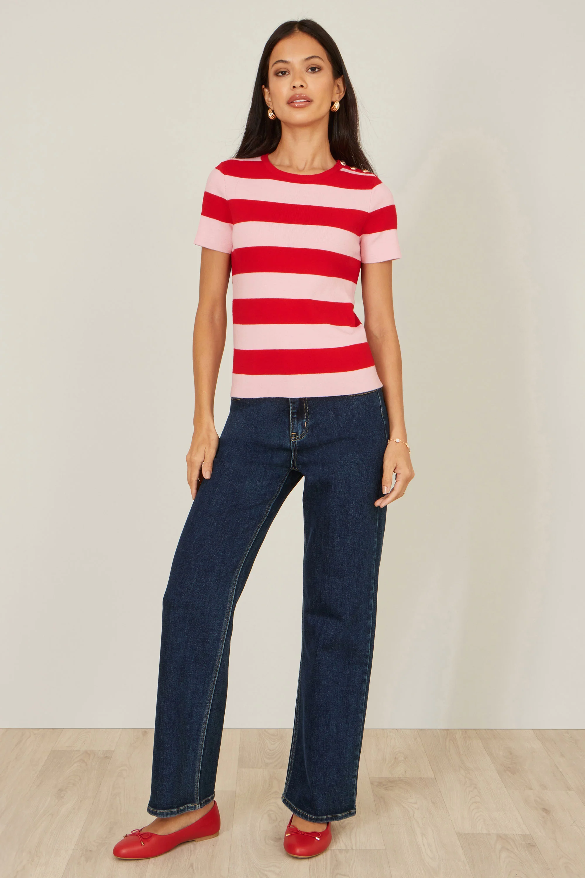 Yumi Red Block Stripe Knitted Top With Button Details - Image 3