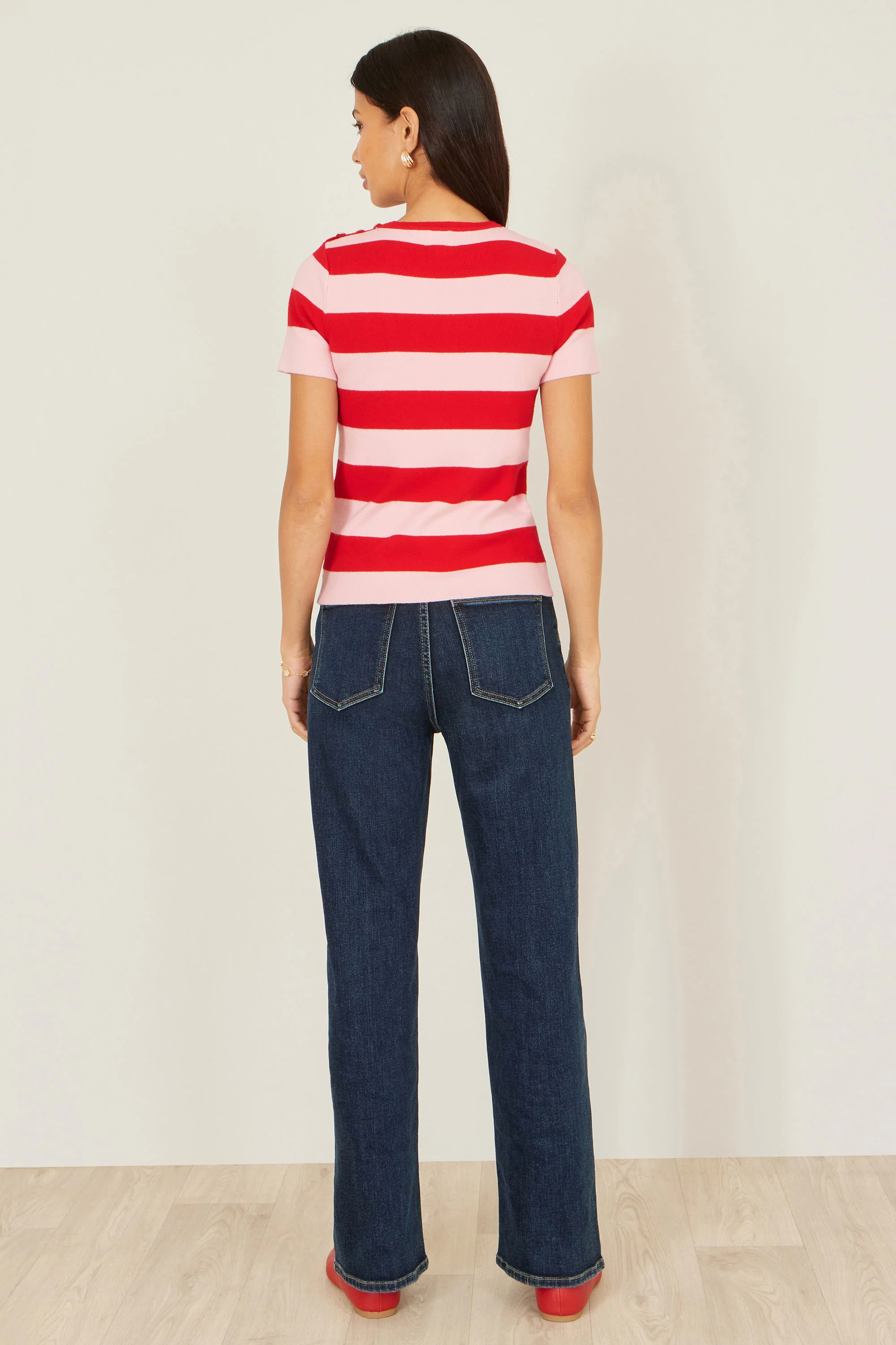 Yumi Red Block Stripe Knitted Top With Button Details - Image 5