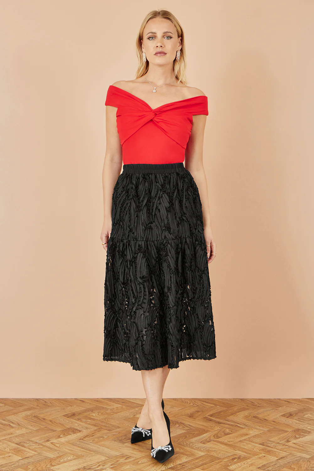 Yumi Red Jersey Cotton Bardot Top With Knot Detail - Image 2