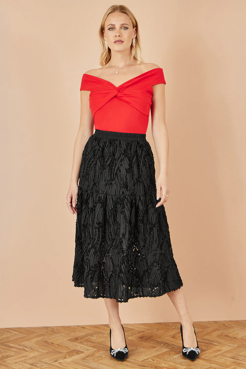Yumi Red Jersey Cotton Bardot Top With Knot Detail - Image 4