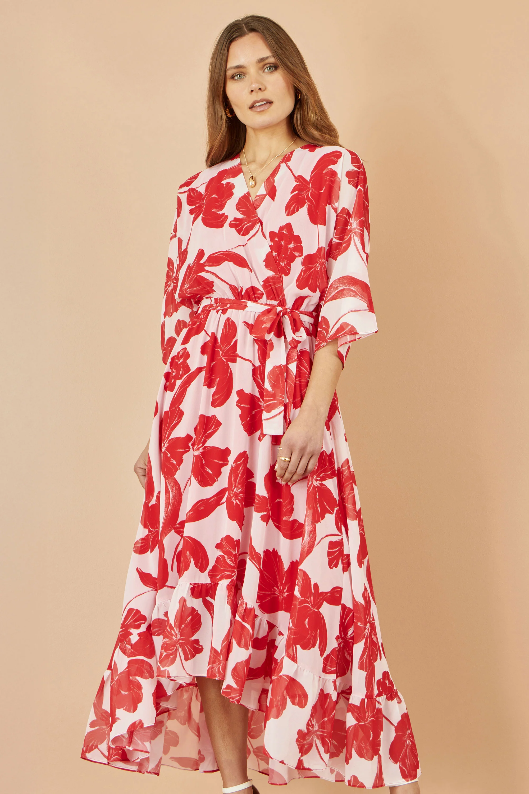 Yumi Red Kimono Sleeves Dip Hem Wrap Midi Dress - Image 3
