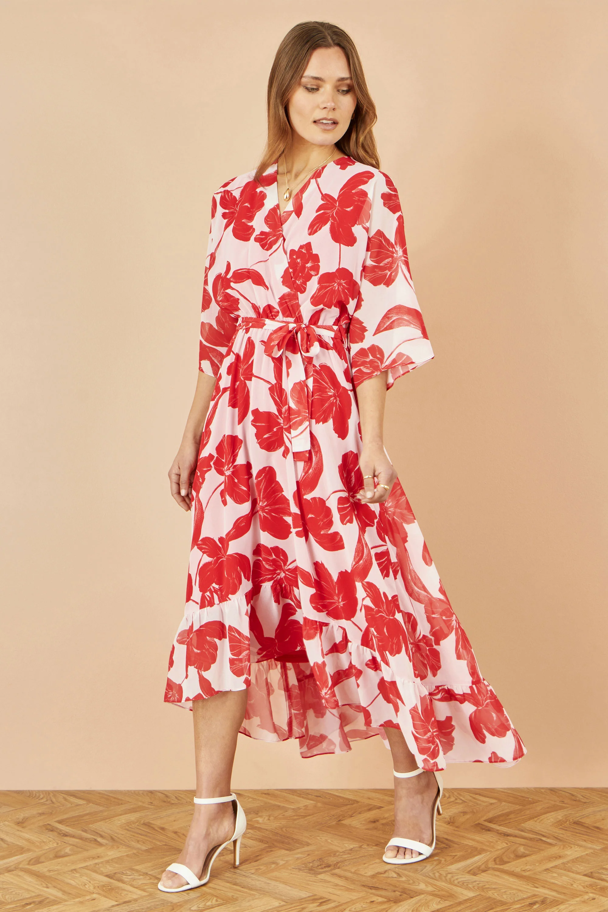 Yumi Red Kimono Sleeves Dip Hem Wrap Midi Dress - Image 4