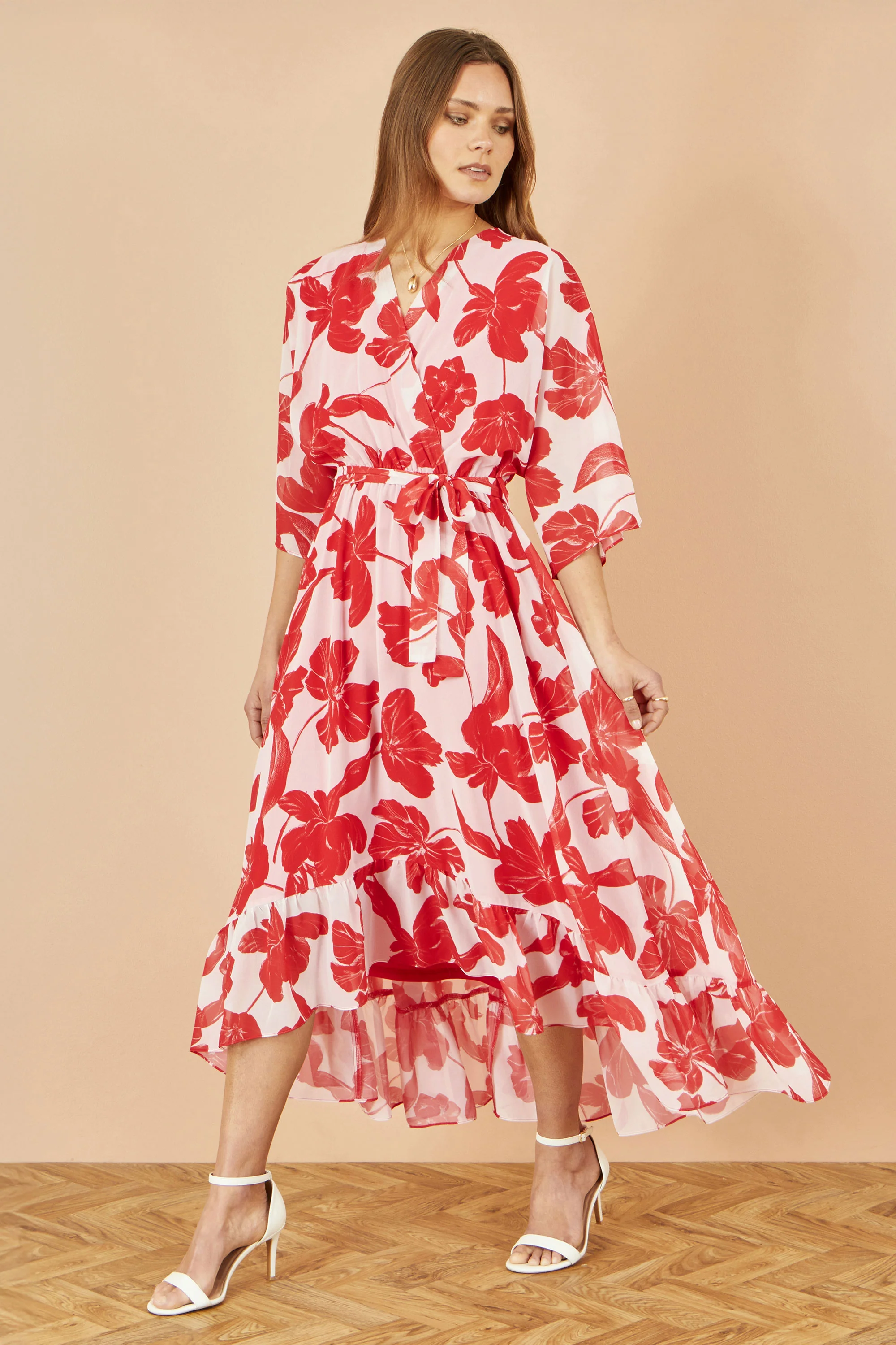 Yumi Red Kimono Sleeves Dip Hem Wrap Midi Dress - Image 5