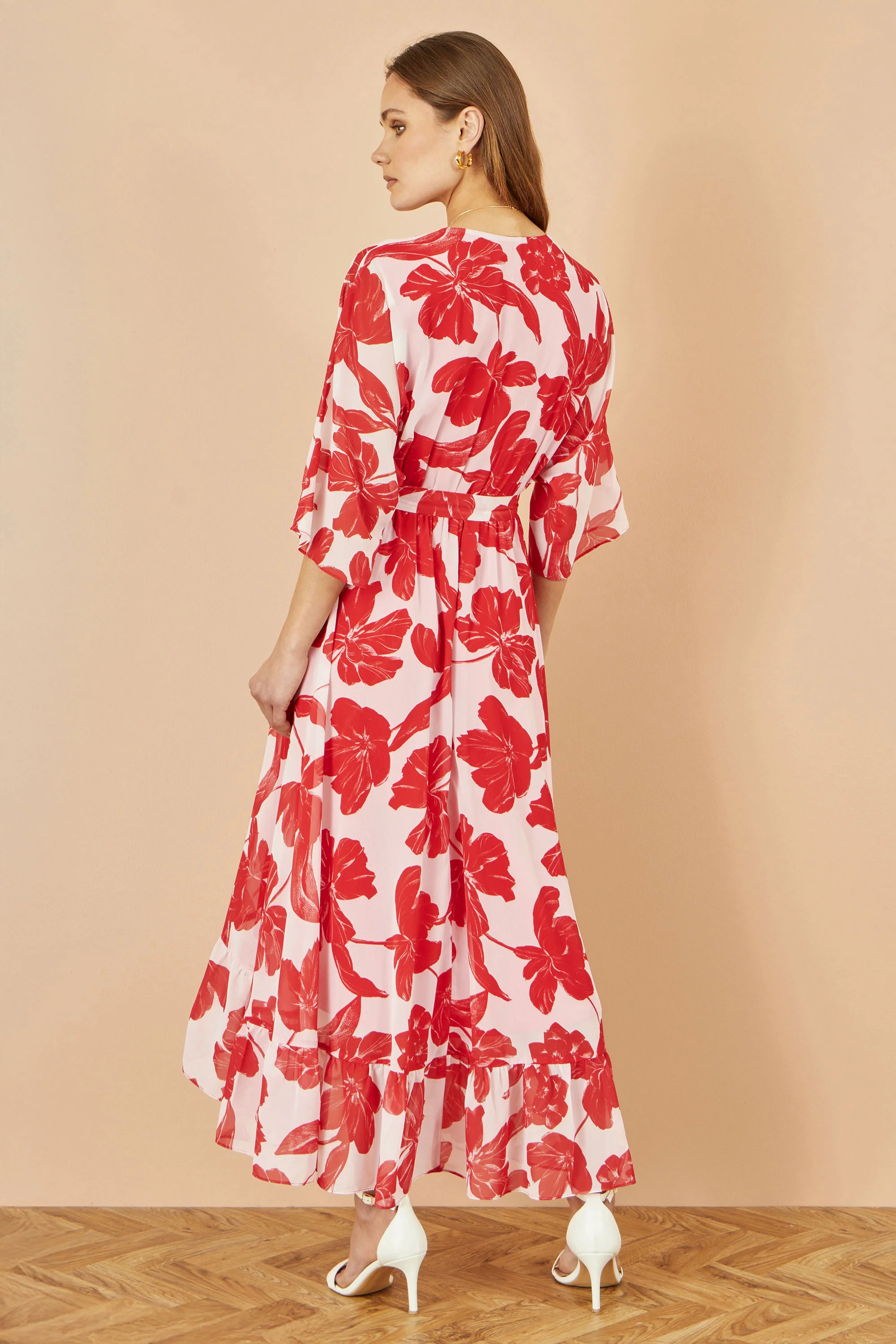 Yumi Red Kimono Sleeves Dip Hem Wrap Midi Dress - Image 6