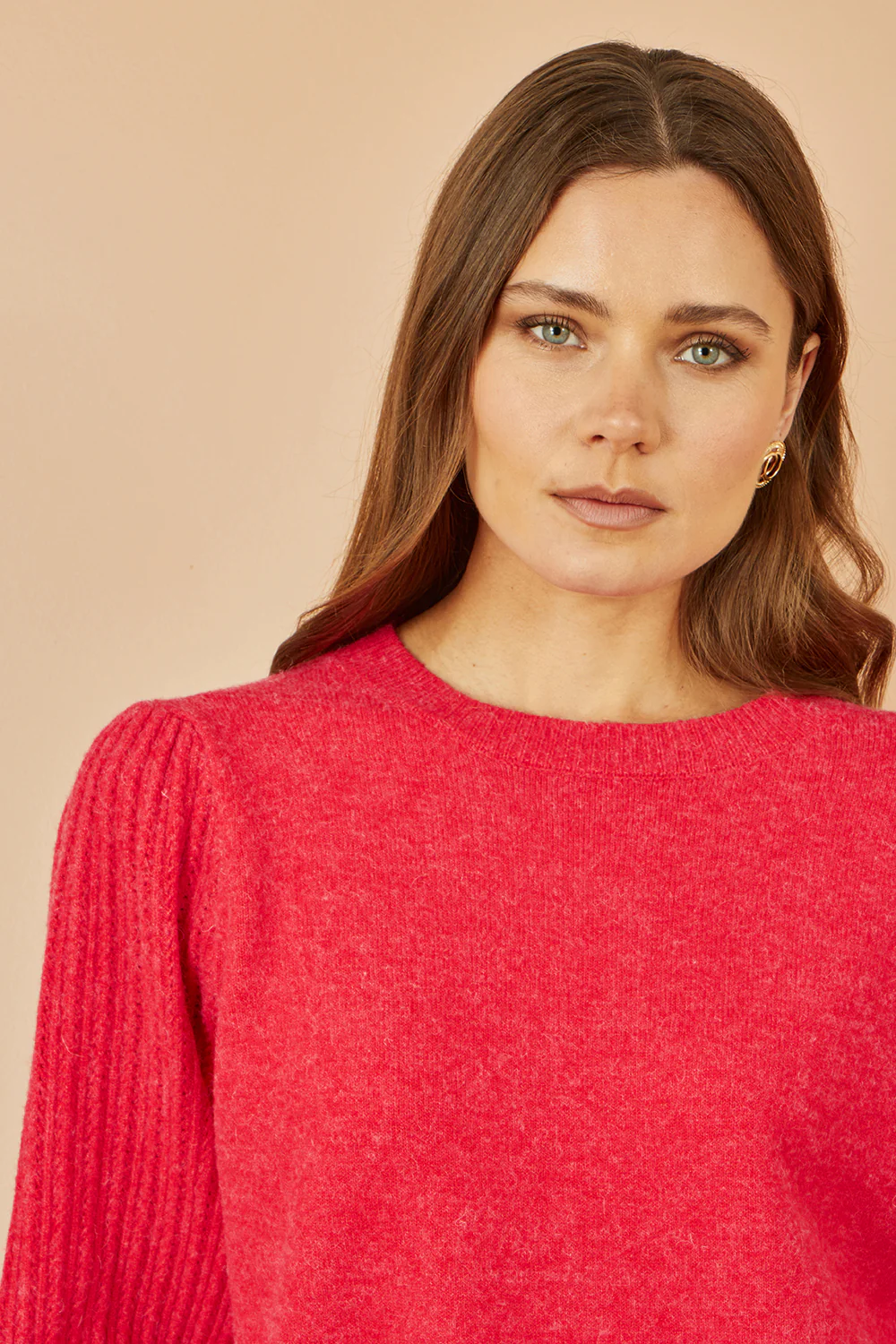 Yumi Red Knitted Balloon Sleeve Textured Jumper - Image 2