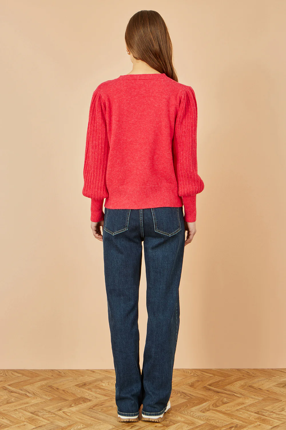 Yumi Red Knitted Balloon Sleeve Textured Jumper - Image 4