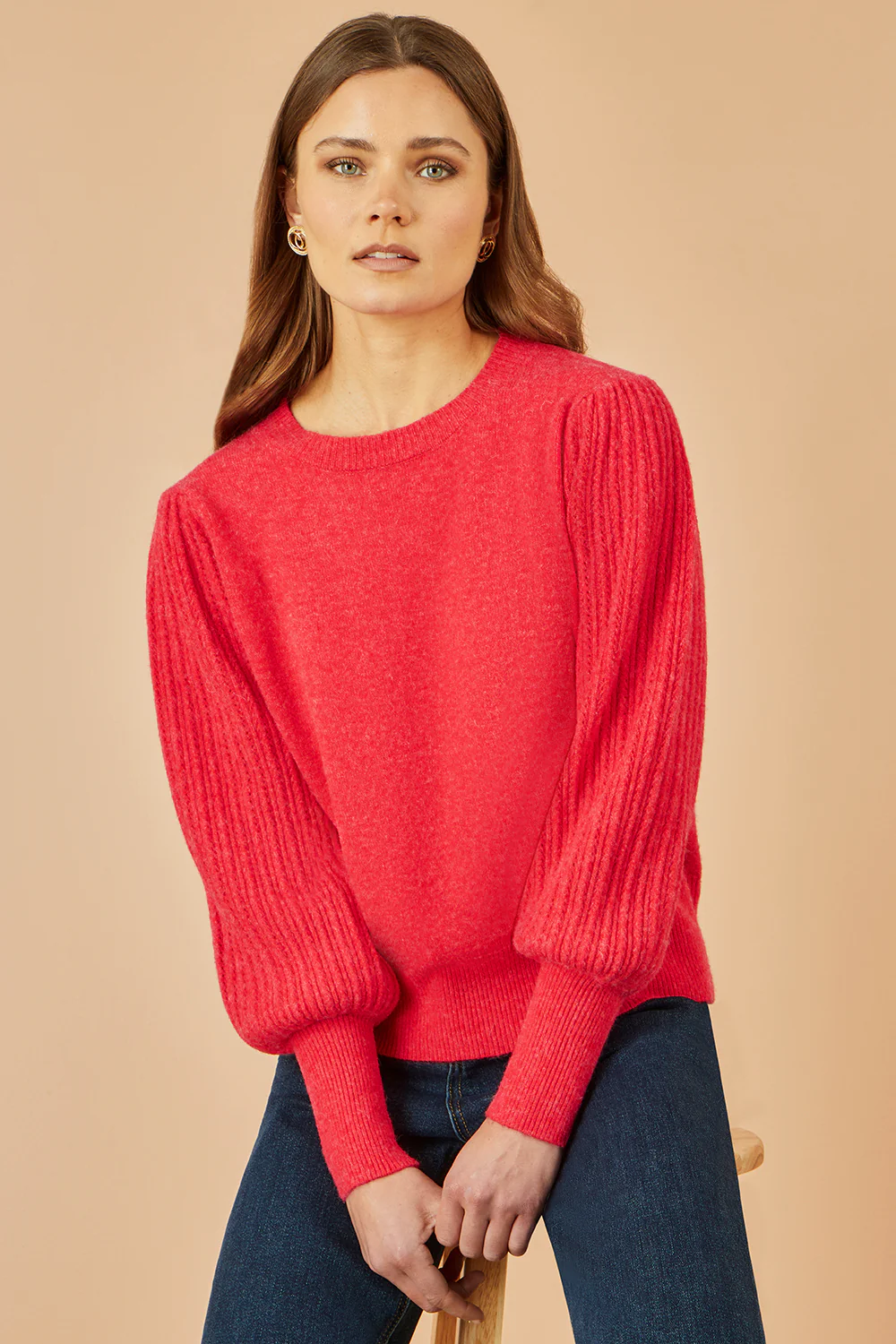 Yumi Red Knitted Balloon Sleeve Textured Jumper - Image 5