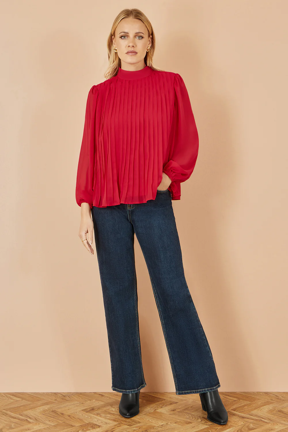 Yumi Red Pleated Long Sleeve Top With High Neck - Image 2